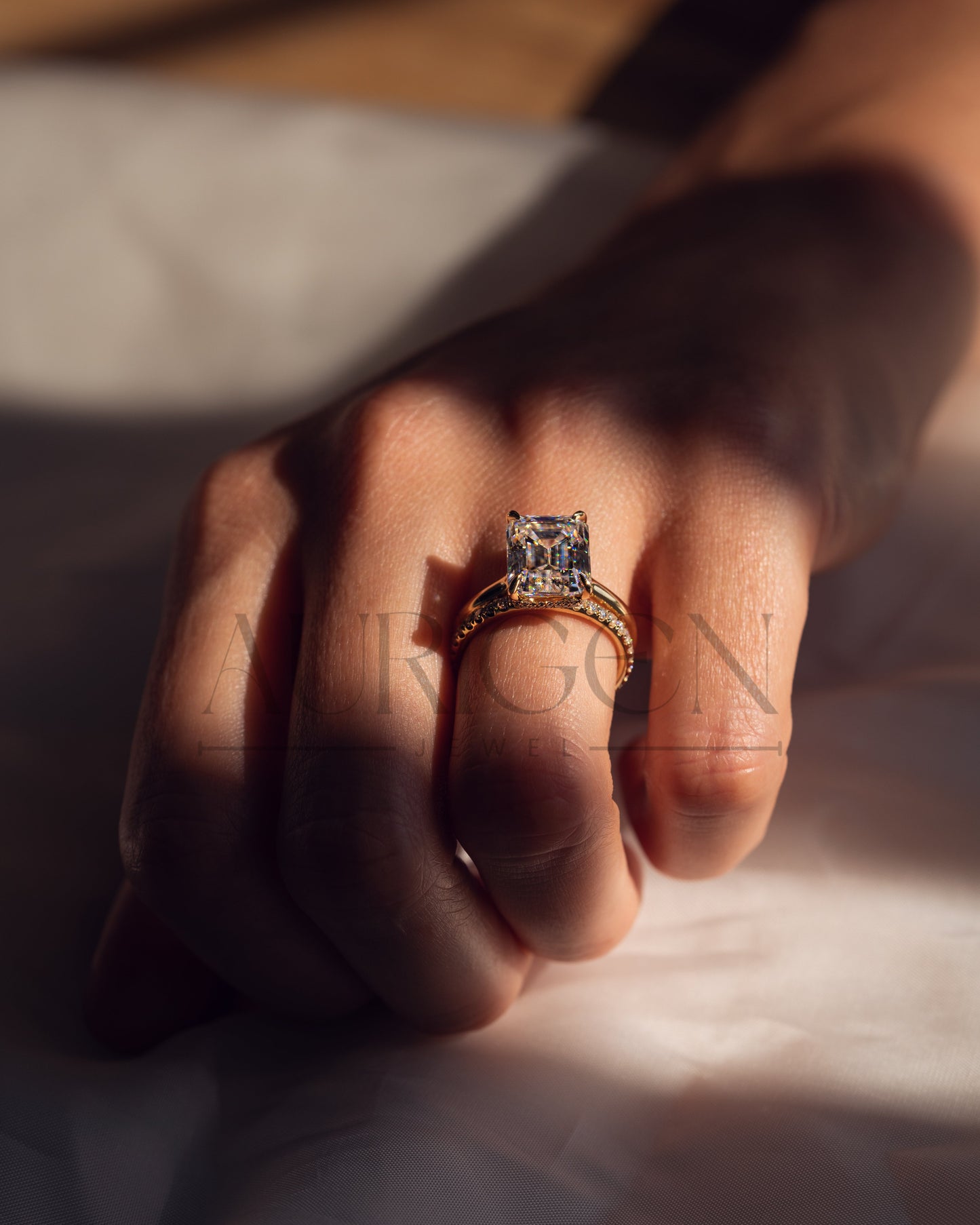 18K Rose Gold Emerald Moissanite & Leb Diamond Engagement Ring with Matching Pave Band