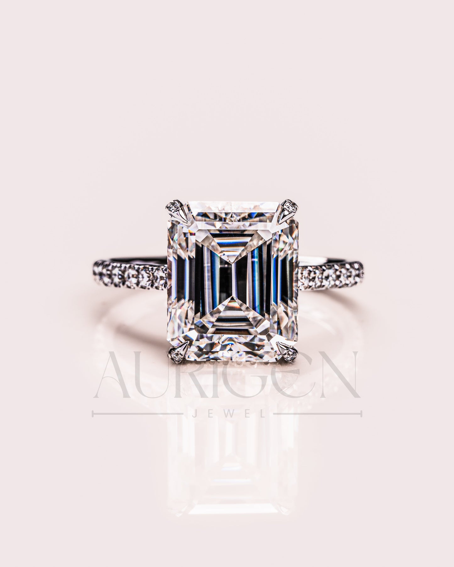 14k White Gold Emerald Cut Moissanite and Leb Engagement Ring Hidden With pave Diamond Ring