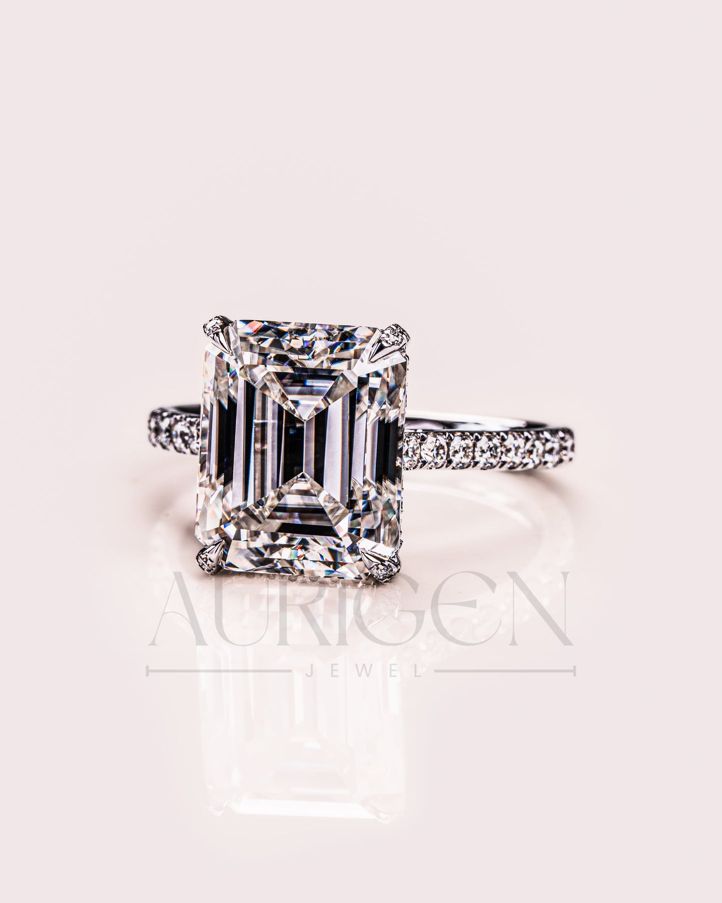 14k White Gold Emerald Cut Moissanite and Leb Engagement Ring Hidden With pave Diamond Ring