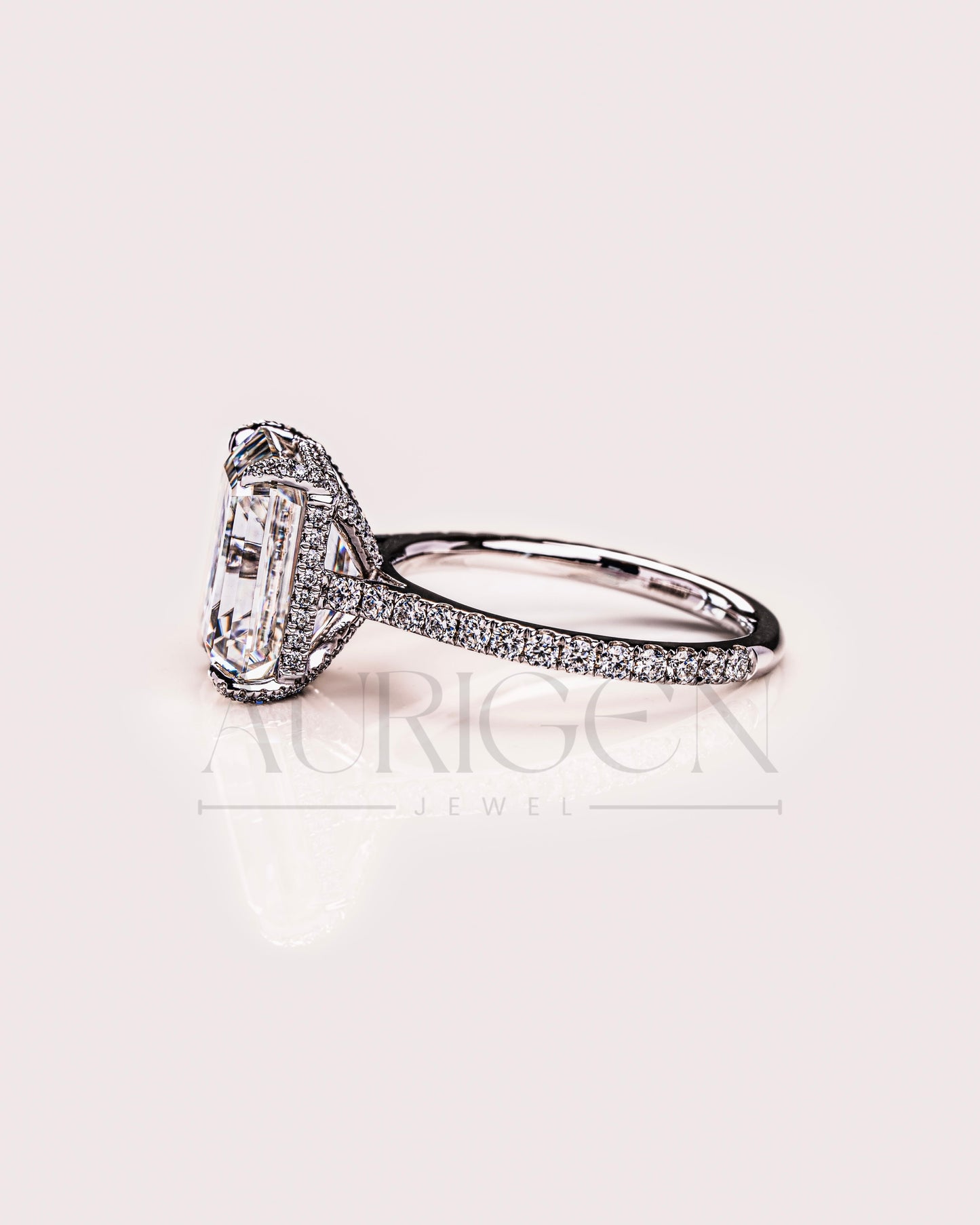 14k White Gold Emerald Cut Moissanite and Leb Engagement Ring Hidden With pave Diamond Ring