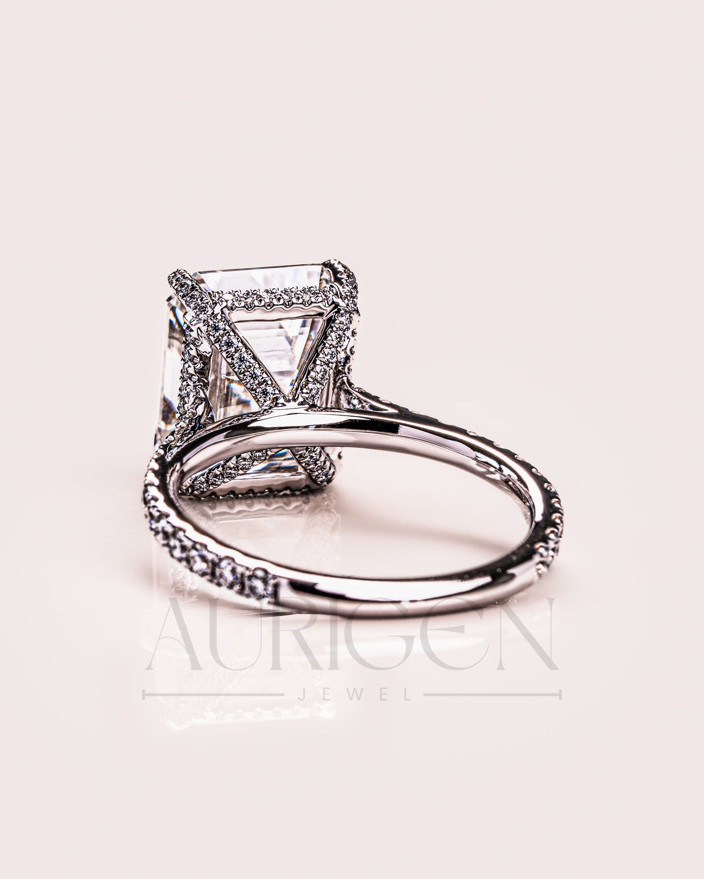 14k White Gold Emerald Cut Moissanite and Leb Engagement Ring Hidden With pave Diamond Ring