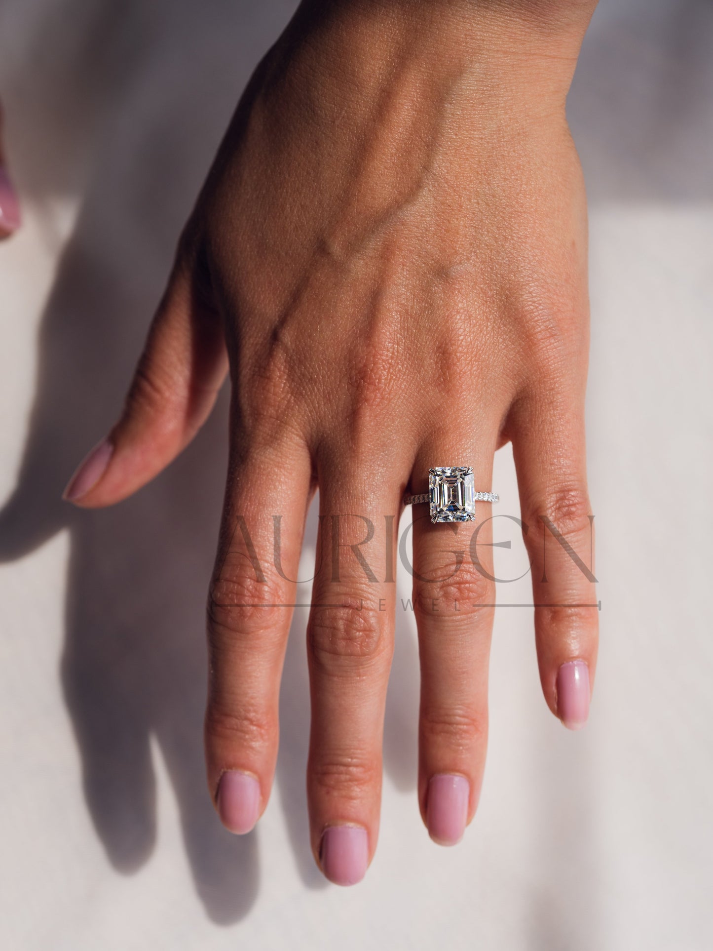 14k White Gold Emerald Cut Moissanite and Leb Engagement Ring Hidden With pave Diamond Ring