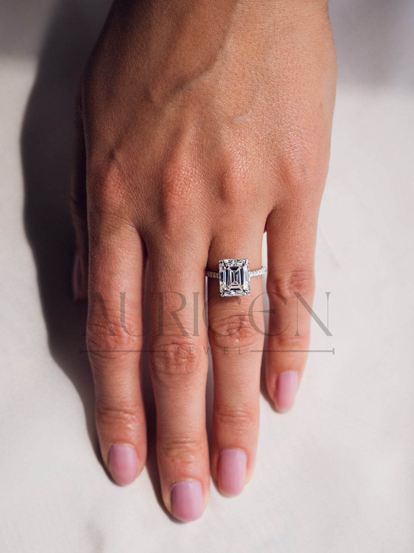 14k White Gold Emerald Cut Moissanite and Leb Engagement Ring Hidden With pave Diamond Ring