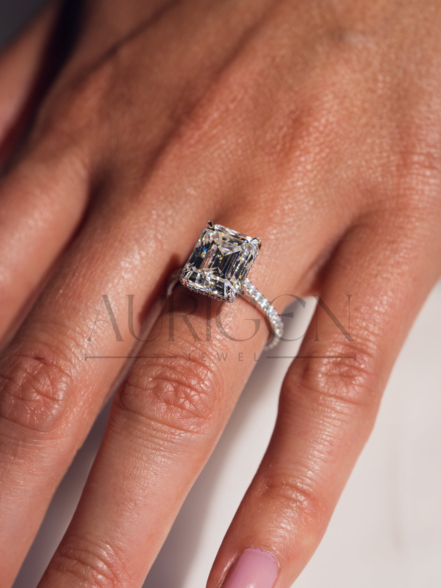 14k White Gold Emerald Cut Moissanite and Leb Engagement Ring Hidden With pave Diamond Ring