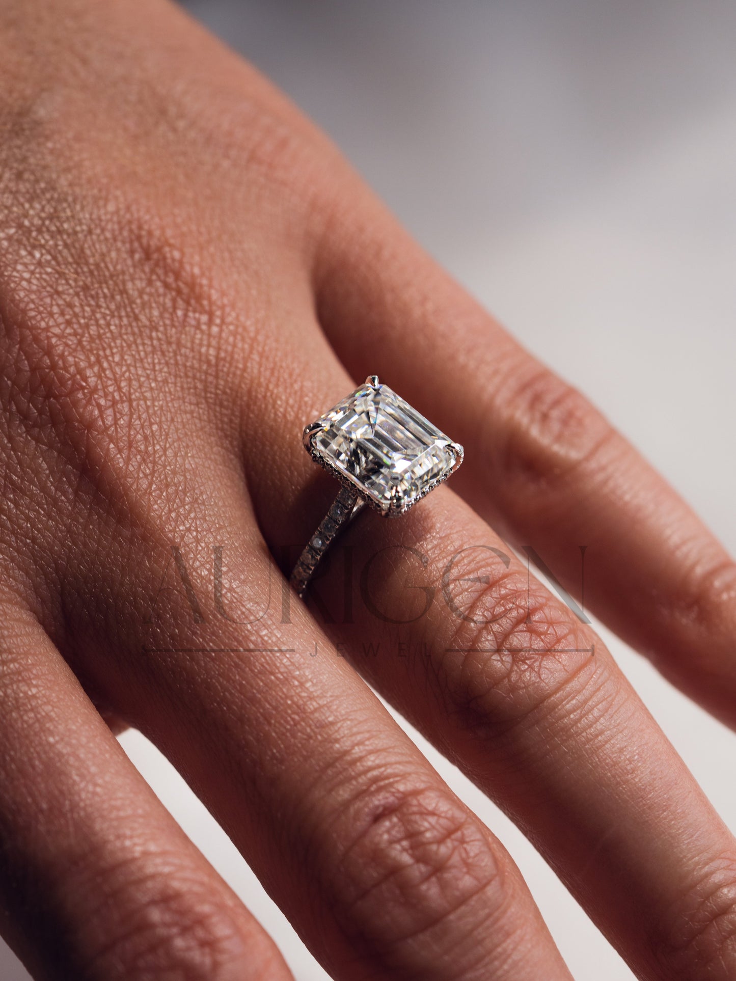 14k White Gold Emerald Cut Moissanite and Leb Engagement Ring Hidden With pave Diamond Ring