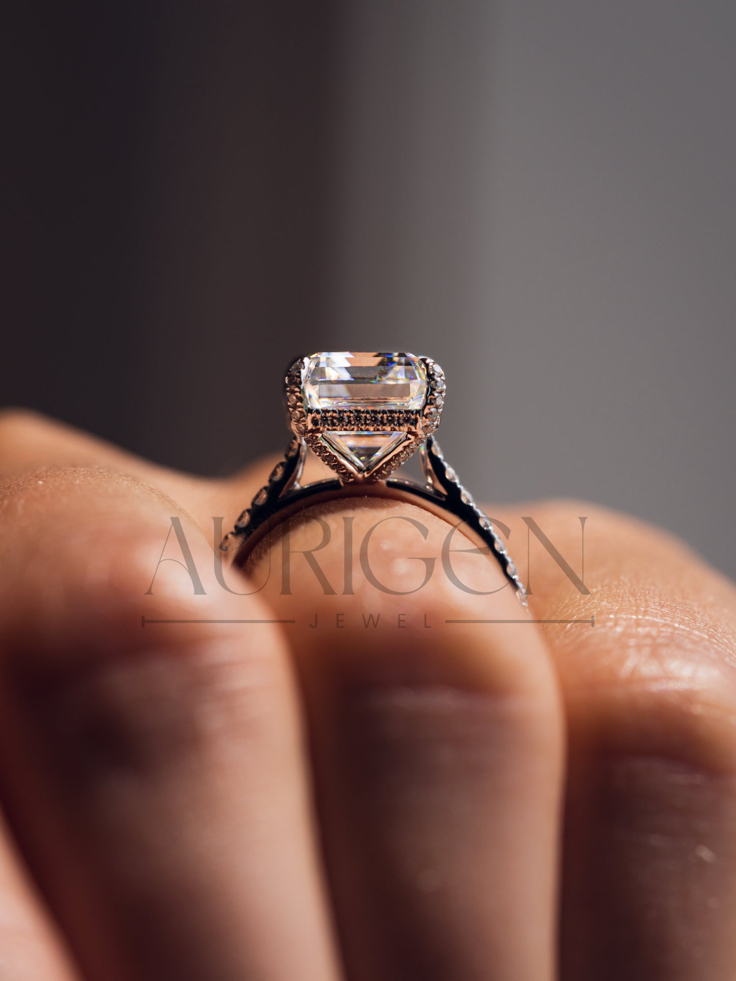 14k White Gold Emerald Cut Moissanite and Leb Engagement Ring Hidden With pave Diamond Ring