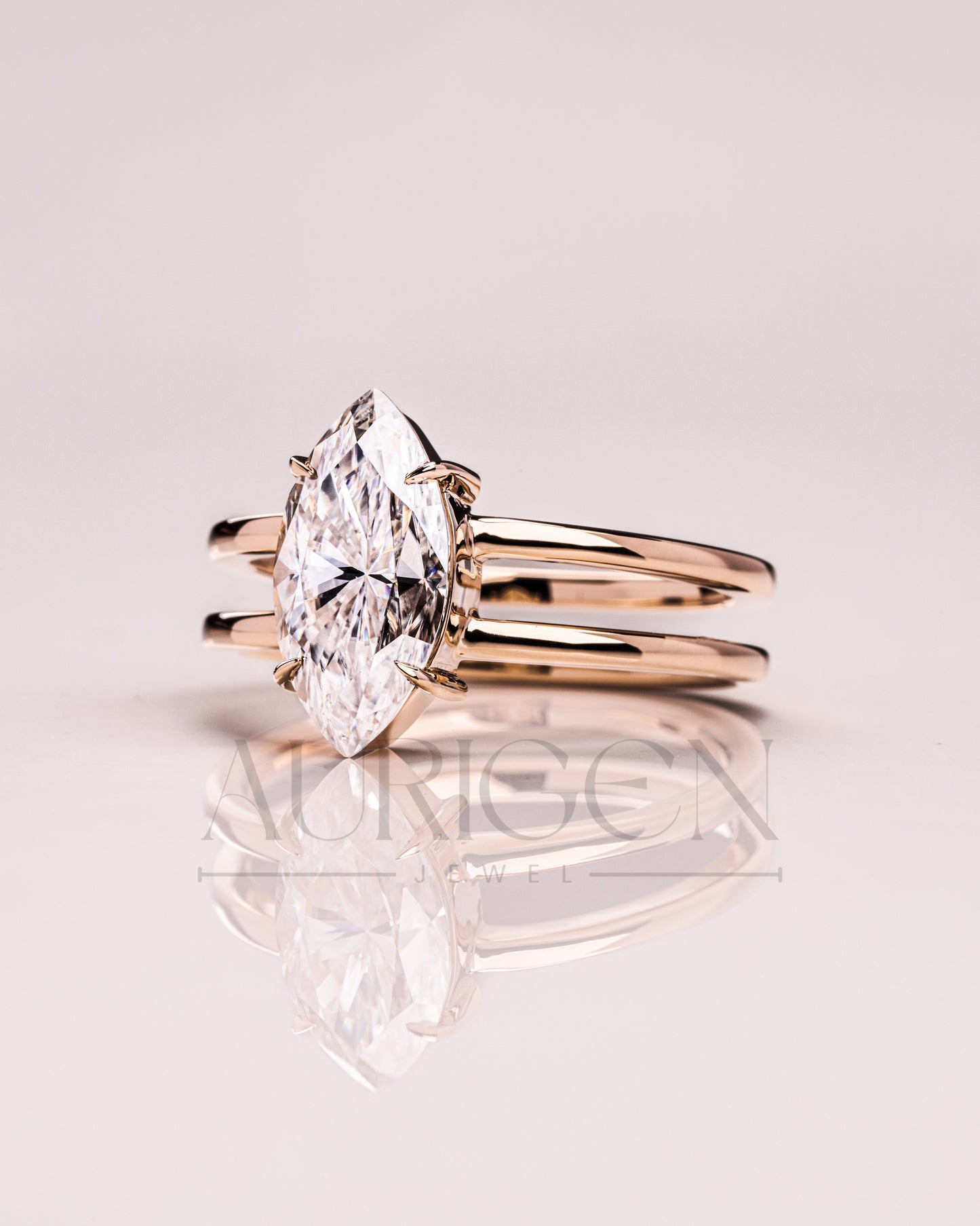 Fine Jewelry 14K Solid Gold Marquise Moissanite and Leb Diamond Ring