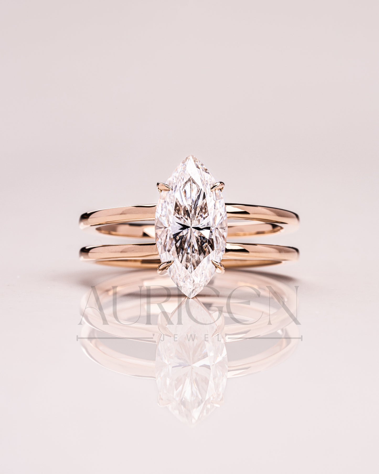 Fine Jewelry 14K Solid Gold Marquise Moissanite and Leb Diamond Ring
