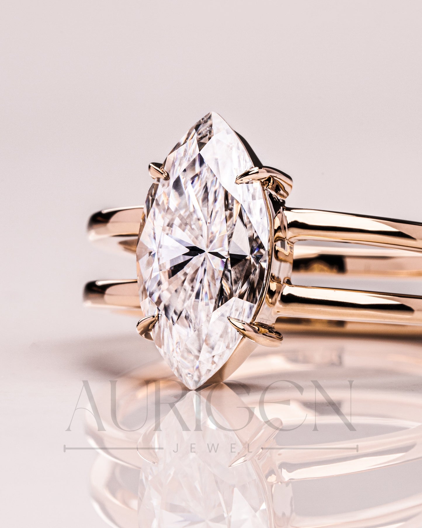Fine Jewelry 14K Solid Gold Marquise Moissanite and Leb Diamond Ring