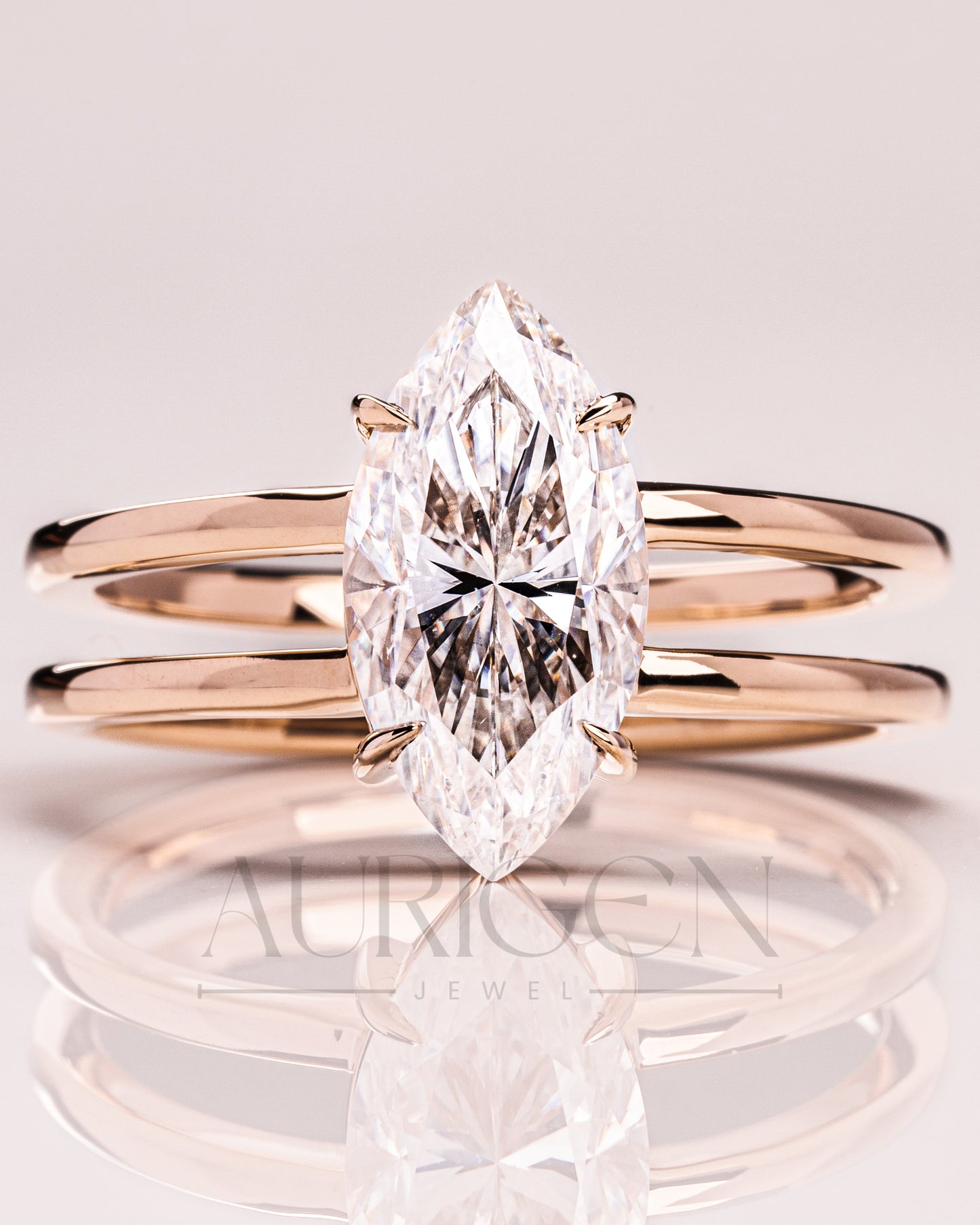 Fine Jewelry 14K Solid Gold Marquise Moissanite and Leb Diamond Ring