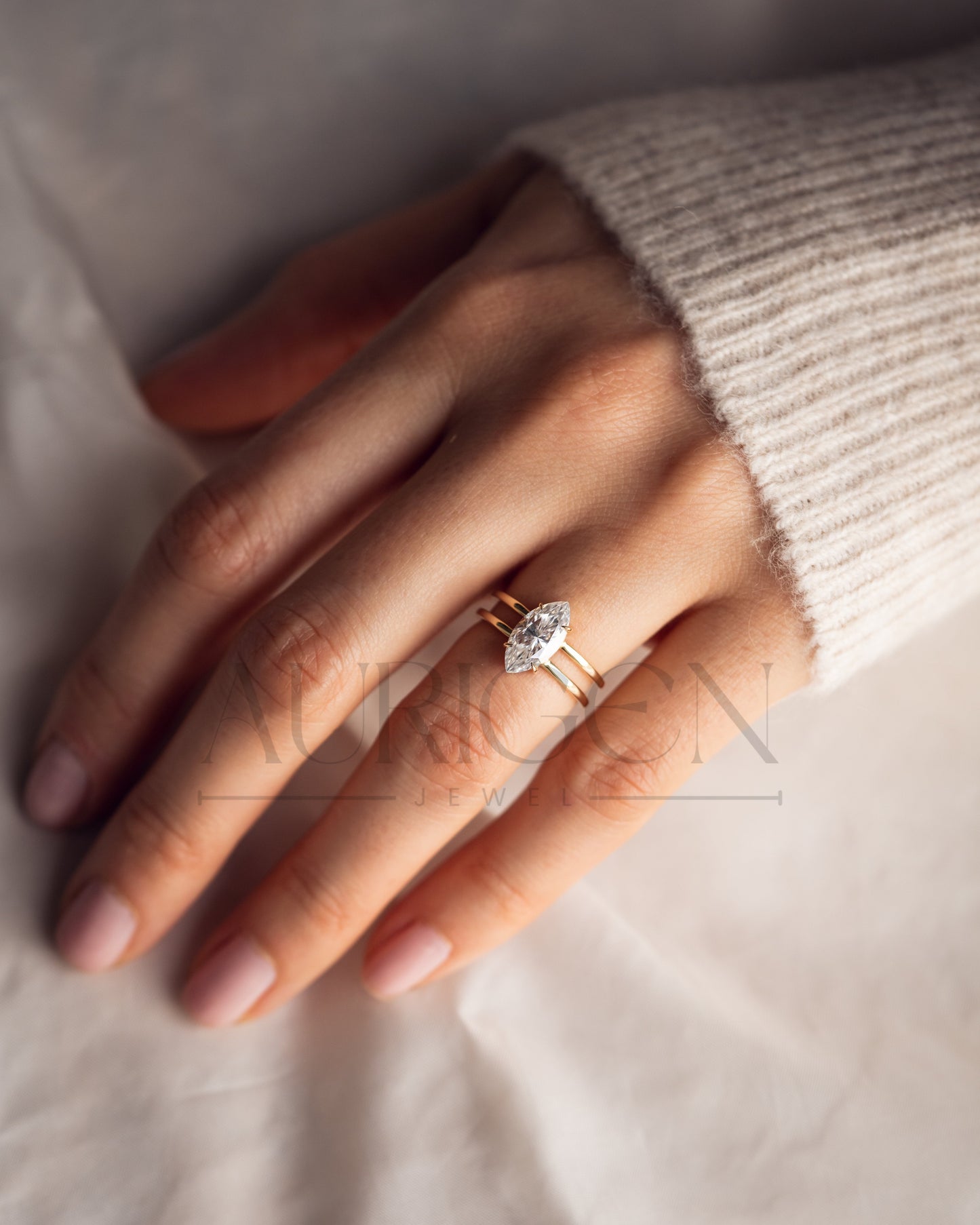 Fine Jewelry 14K Solid Gold Marquise Moissanite and Leb Diamond Ring
