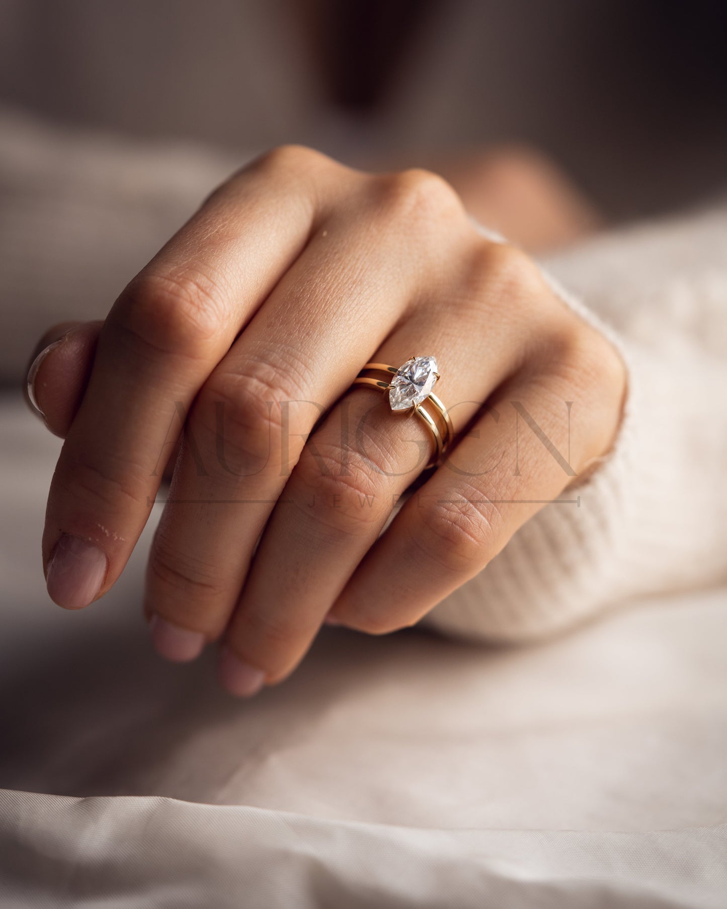 Fine Jewelry 14K Solid Gold Marquise Moissanite and Leb Diamond Ring