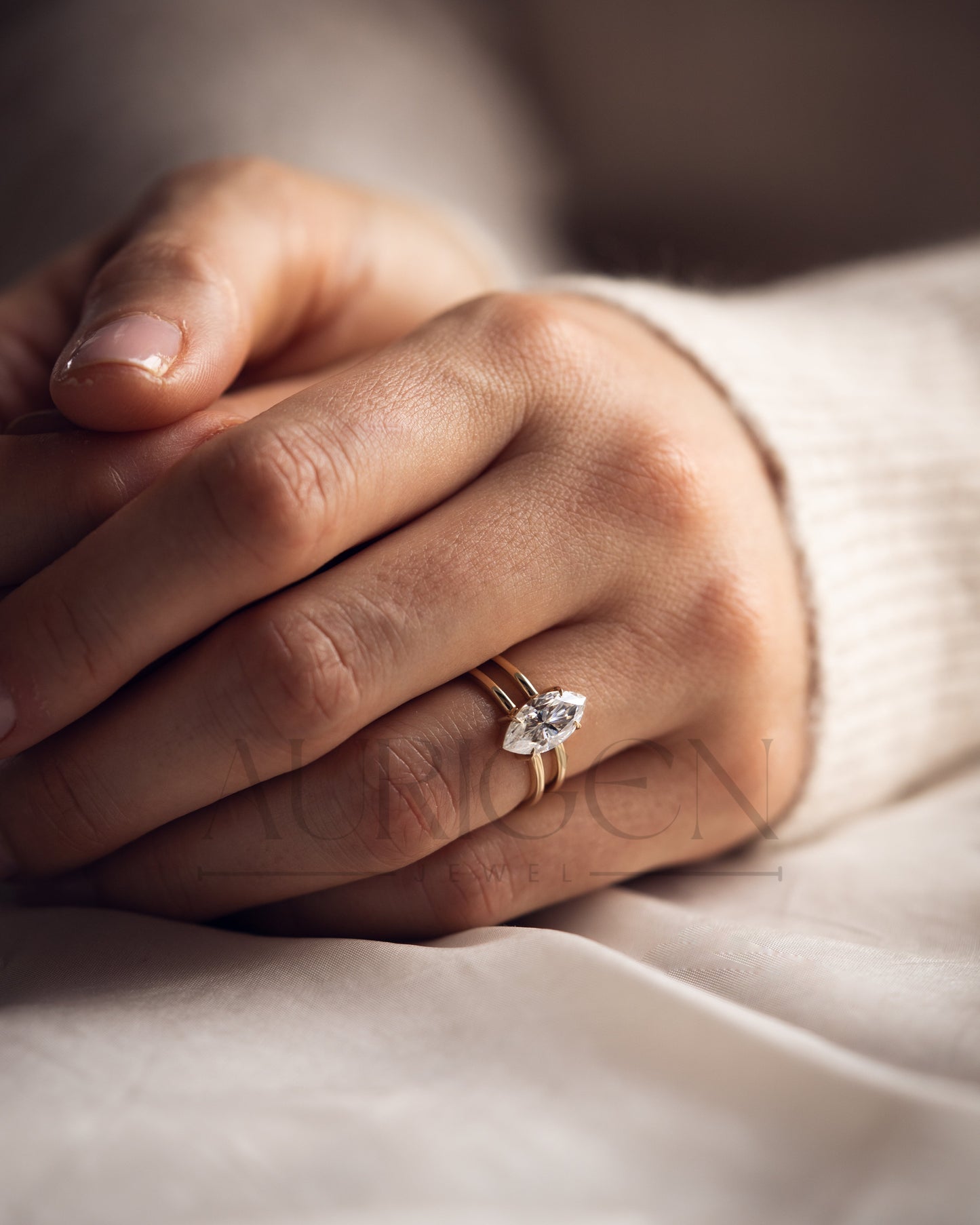 Fine Jewelry 14K Solid Gold Marquise Moissanite and Leb Diamond Ring