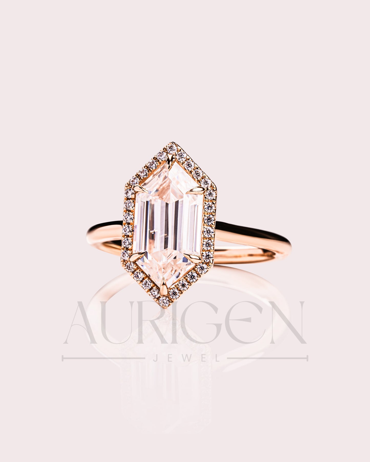 Elongated Hexagon Halo Moisanite and Leb Grown Diamond Engagement Ring 14K Rose Gold