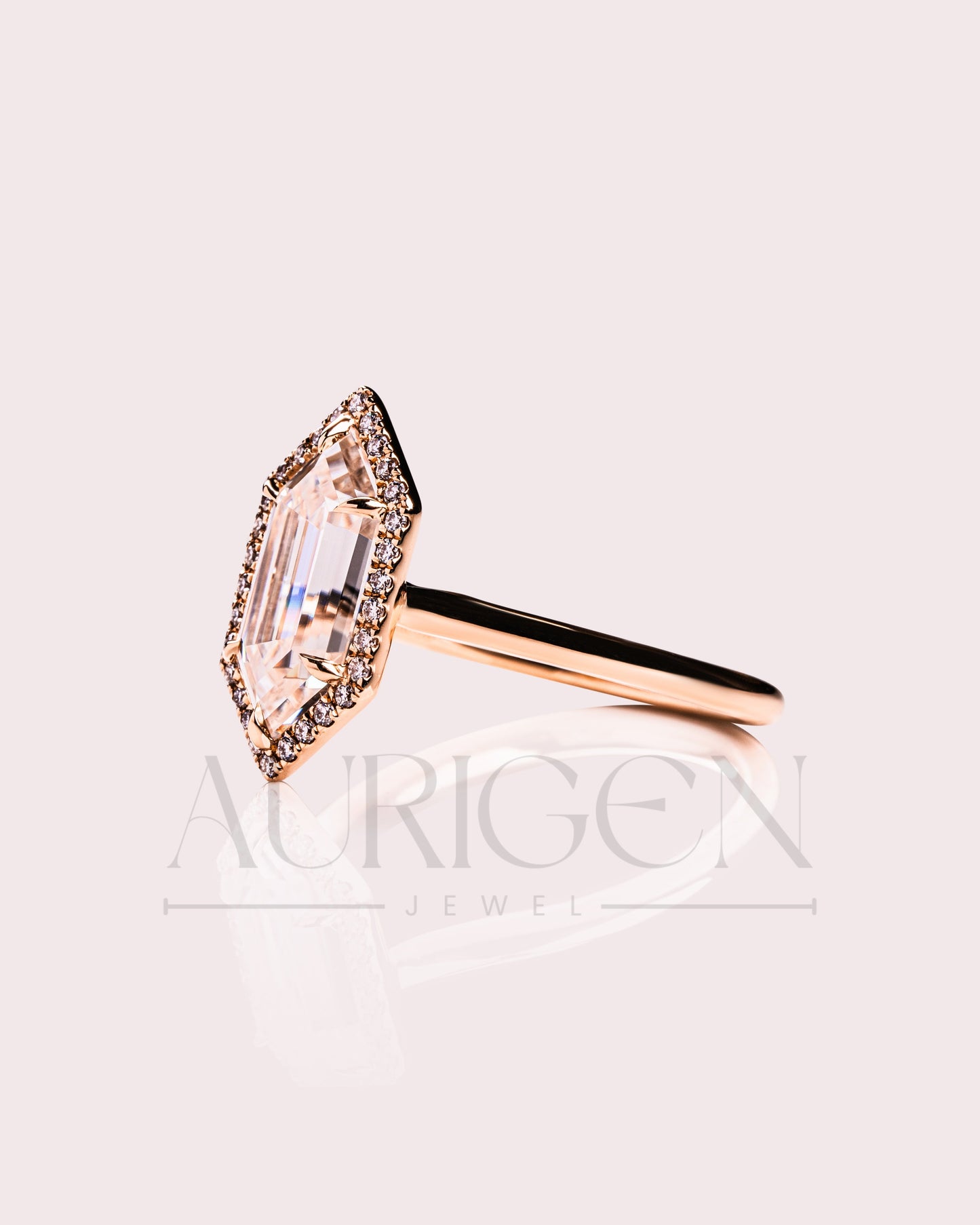 Elongated Hexagon Halo Moisanite and Leb Grown Diamond Engagement Ring 14K Rose Gold