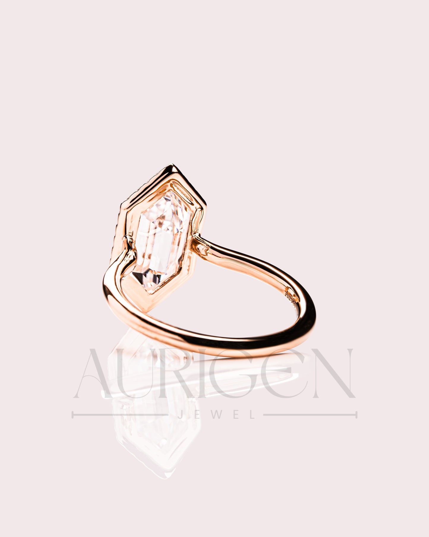 Elongated Hexagon Halo Moisanite and Leb Grown Diamond Engagement Ring 14K Rose Gold