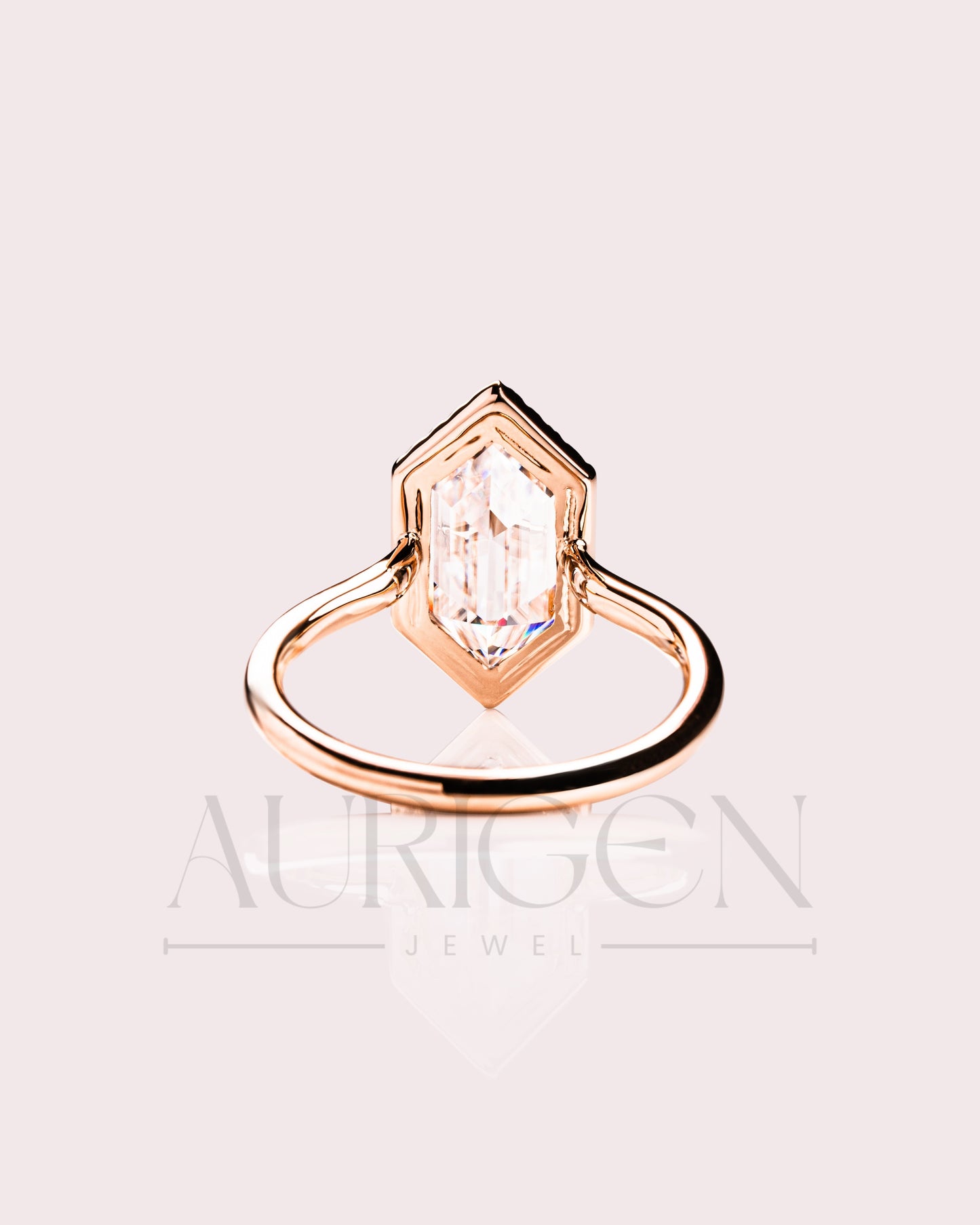 Elongated Hexagon Halo Moisanite and Leb Grown Diamond Engagement Ring 14K Rose Gold