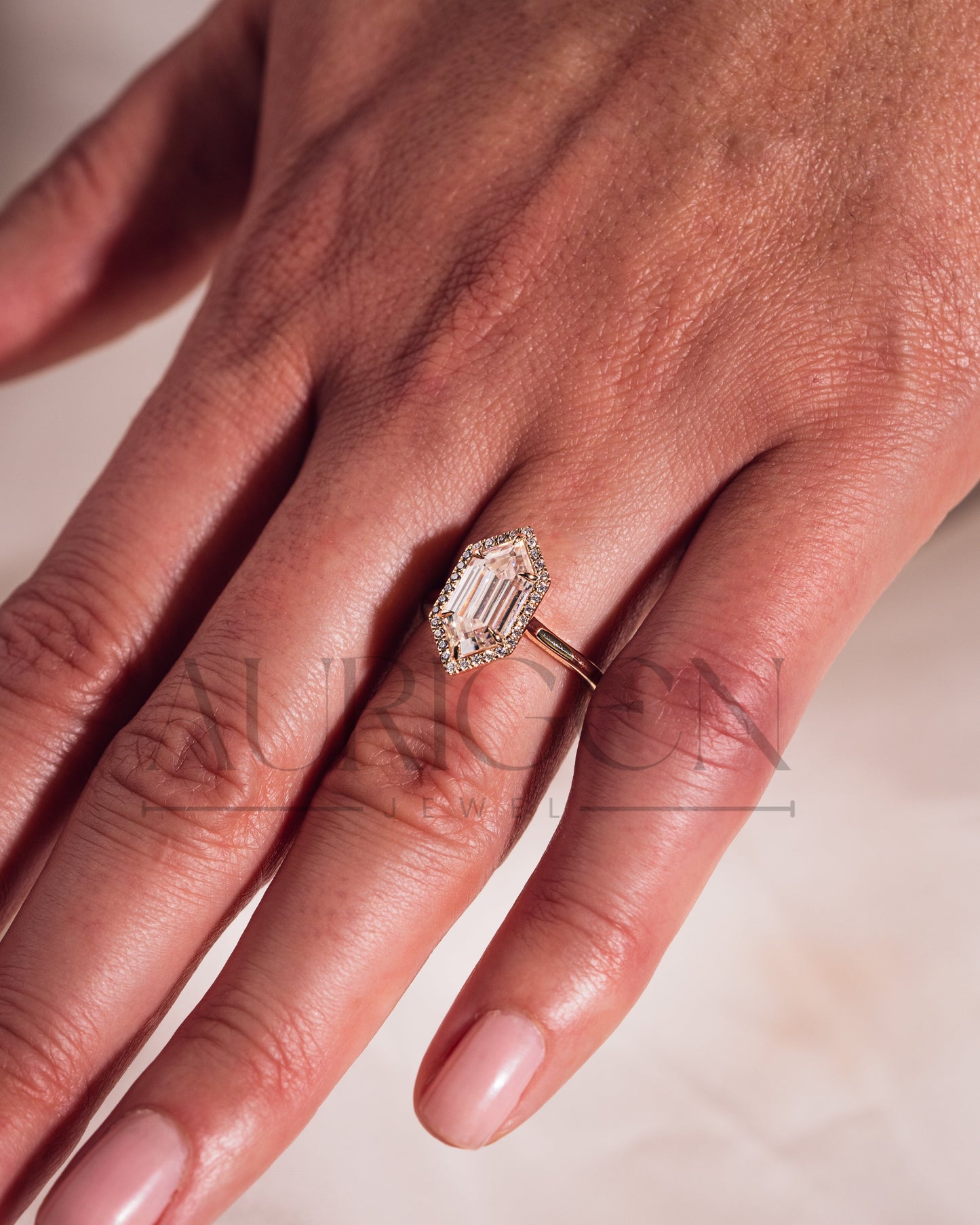 Elongated Hexagon Halo Moisanite and Leb Grown Diamond Engagement Ring 14K Rose Gold