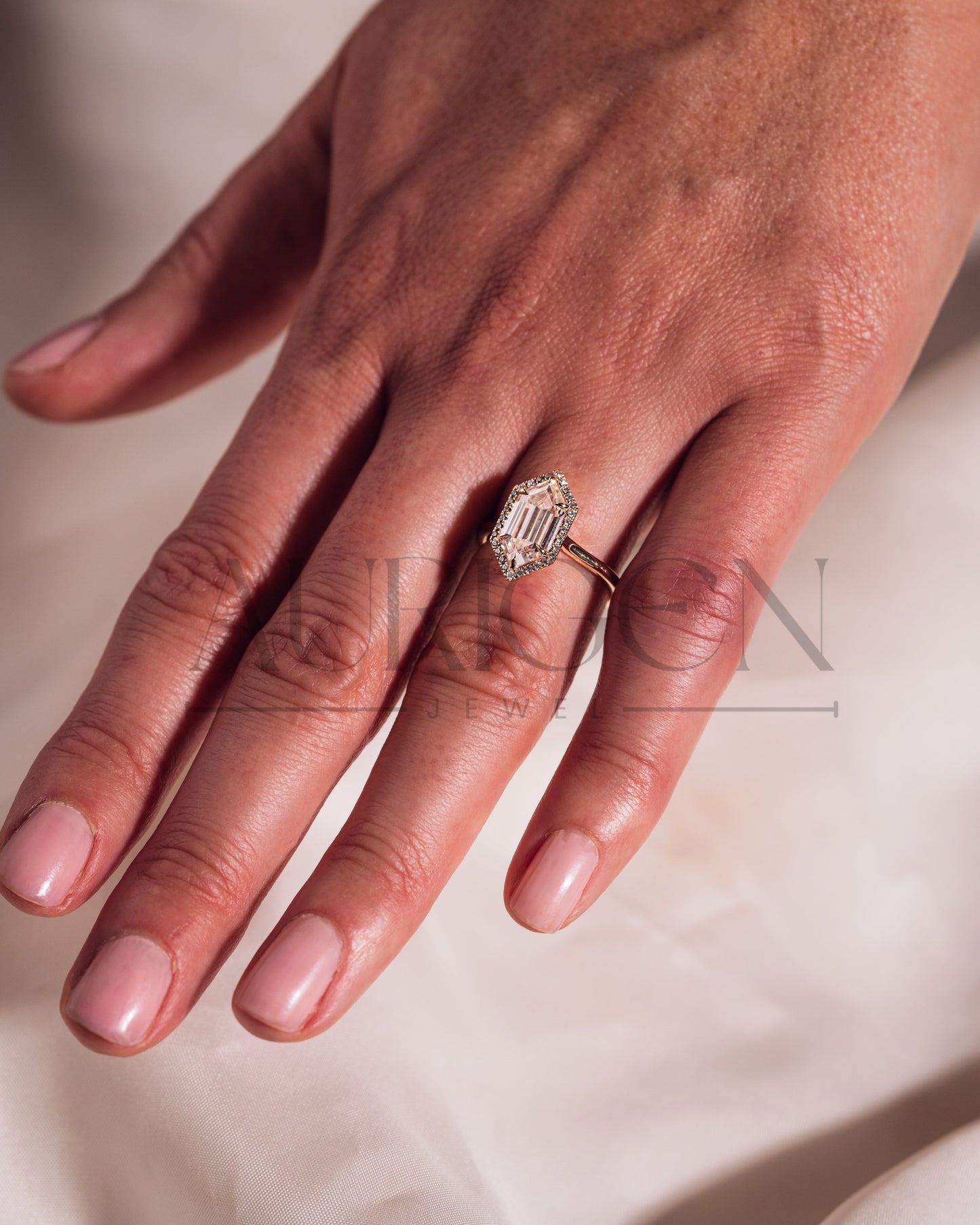Elongated Hexagon Halo Moisanite and Leb Grown Diamond Engagement Ring 14K Rose Gold