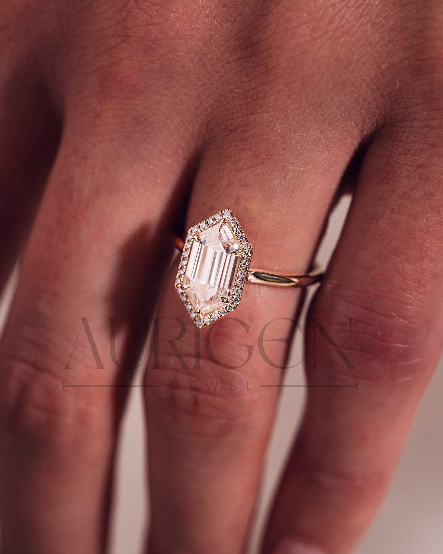 Elongated Hexagon Halo Moisanite and Leb Grown Diamond Engagement Ring 14K Rose Gold