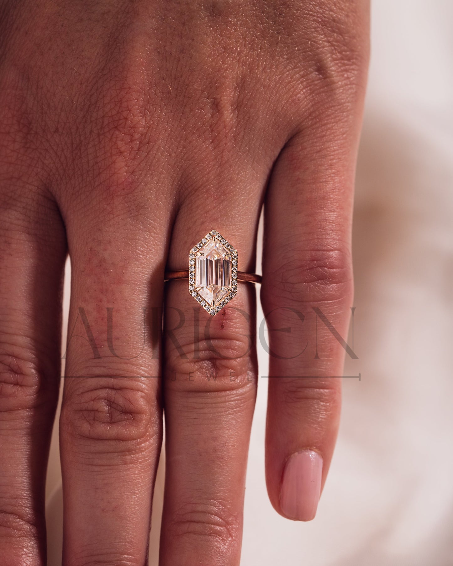 Elongated Hexagon Halo Moisanite and Leb Grown Diamond Engagement Ring 14K Rose Gold