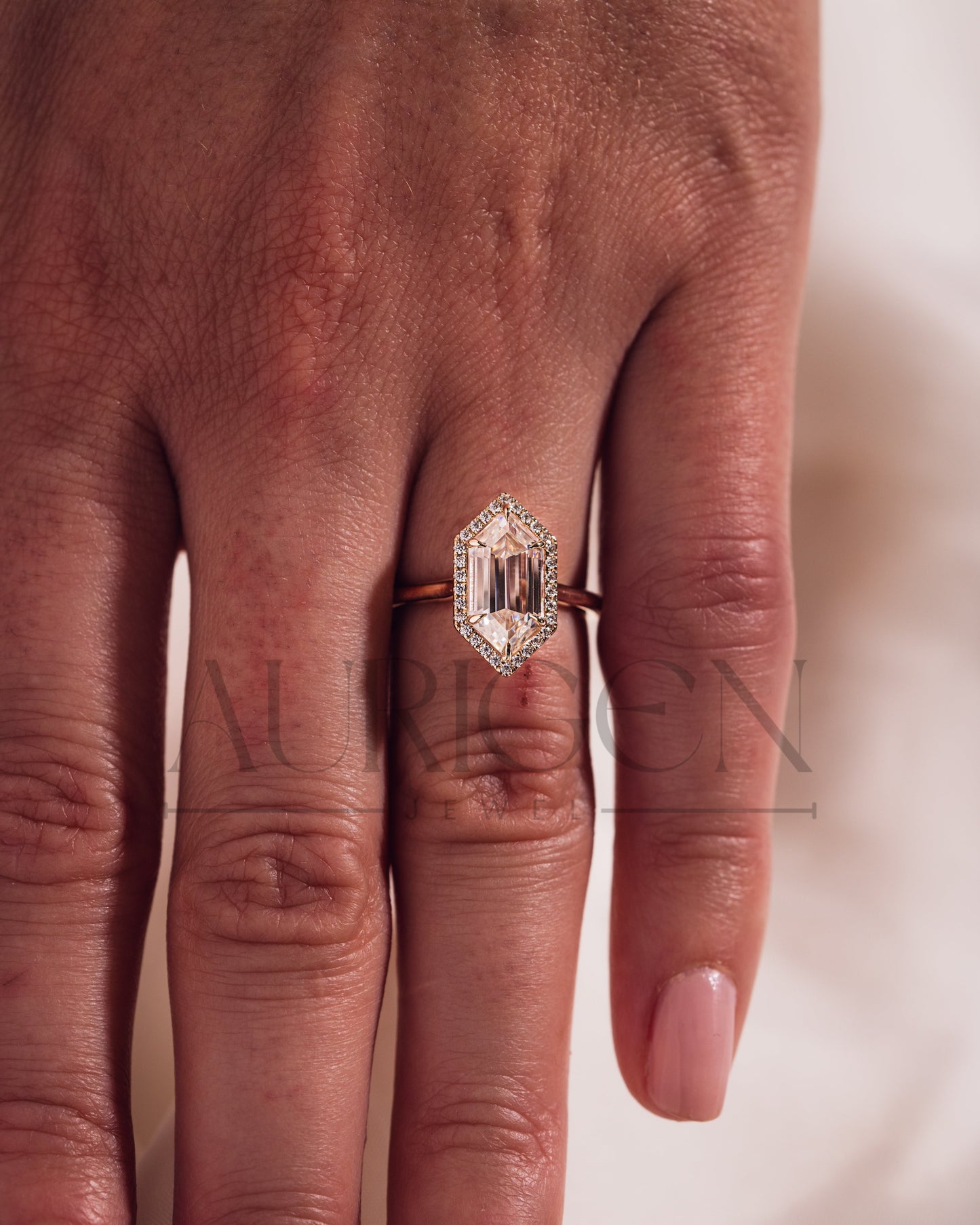 Elongated Hexagon Halo Moisanite and Leb Grown Diamond Engagement Ring 14K Rose Gold