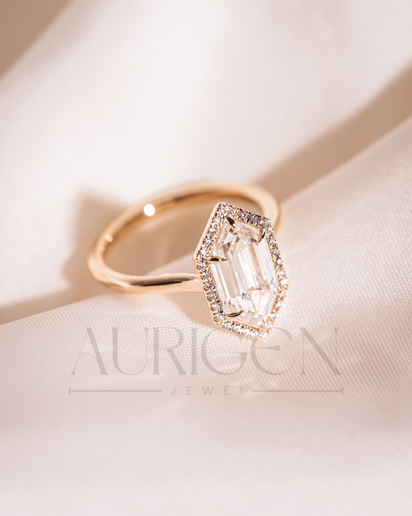 Elongated Hexagon Halo Moisanite and Leb Grown Diamond Engagement Ring 14K Rose Gold