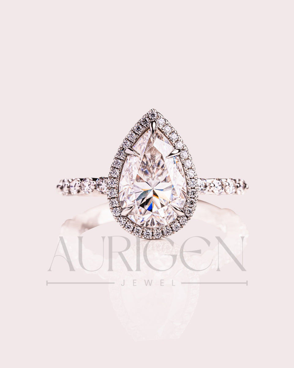 Brilliant Pear Cut Moissanite and Lab Grown Diamond Ring With Halo