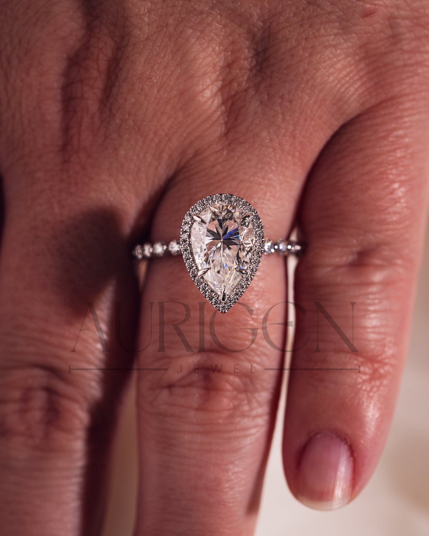 Brilliant Pear Cut Moissanite and Lab Grown Diamond Ring With Halo