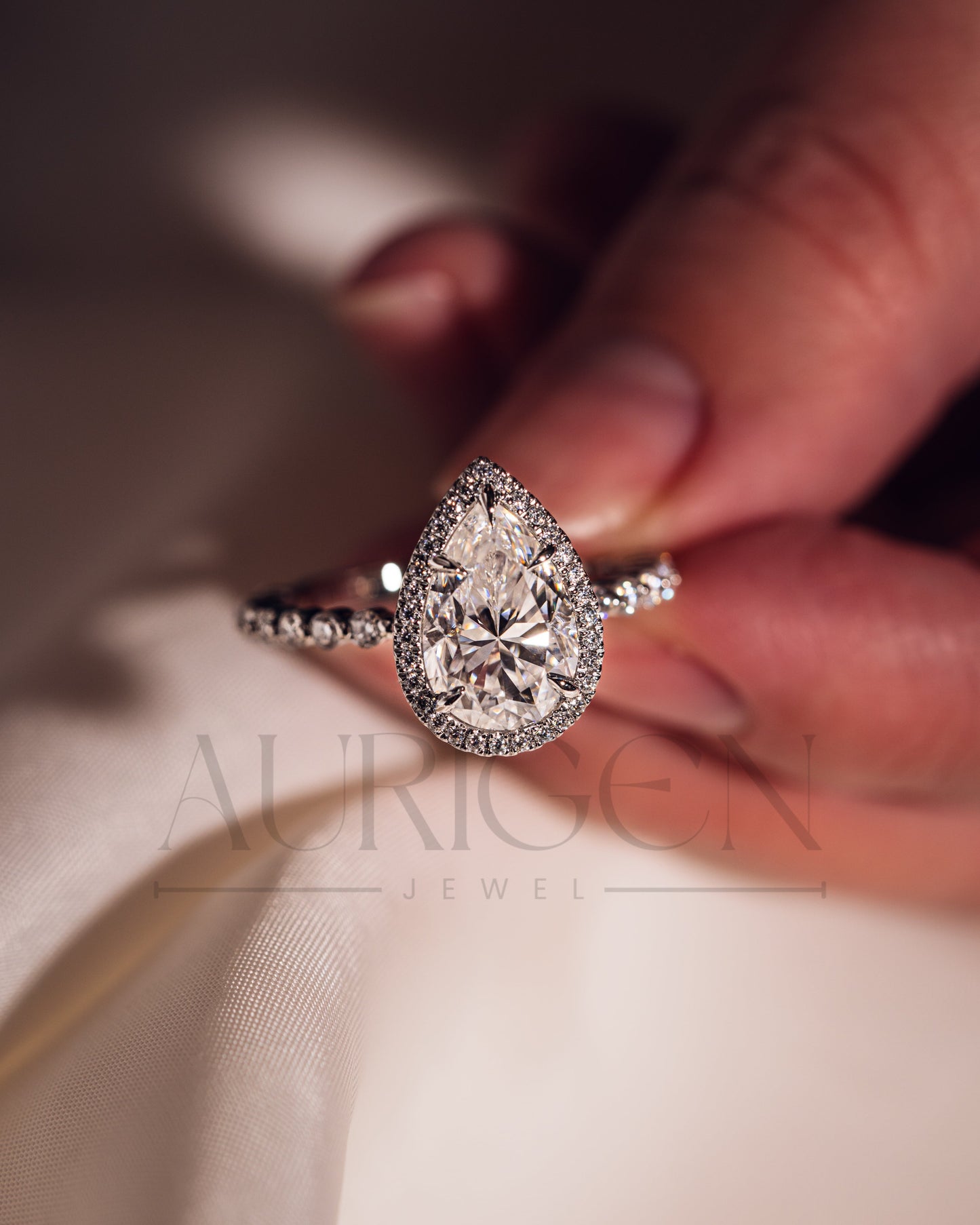 Brilliant Pear Cut Moissanite and Lab Grown Diamond Ring With Halo