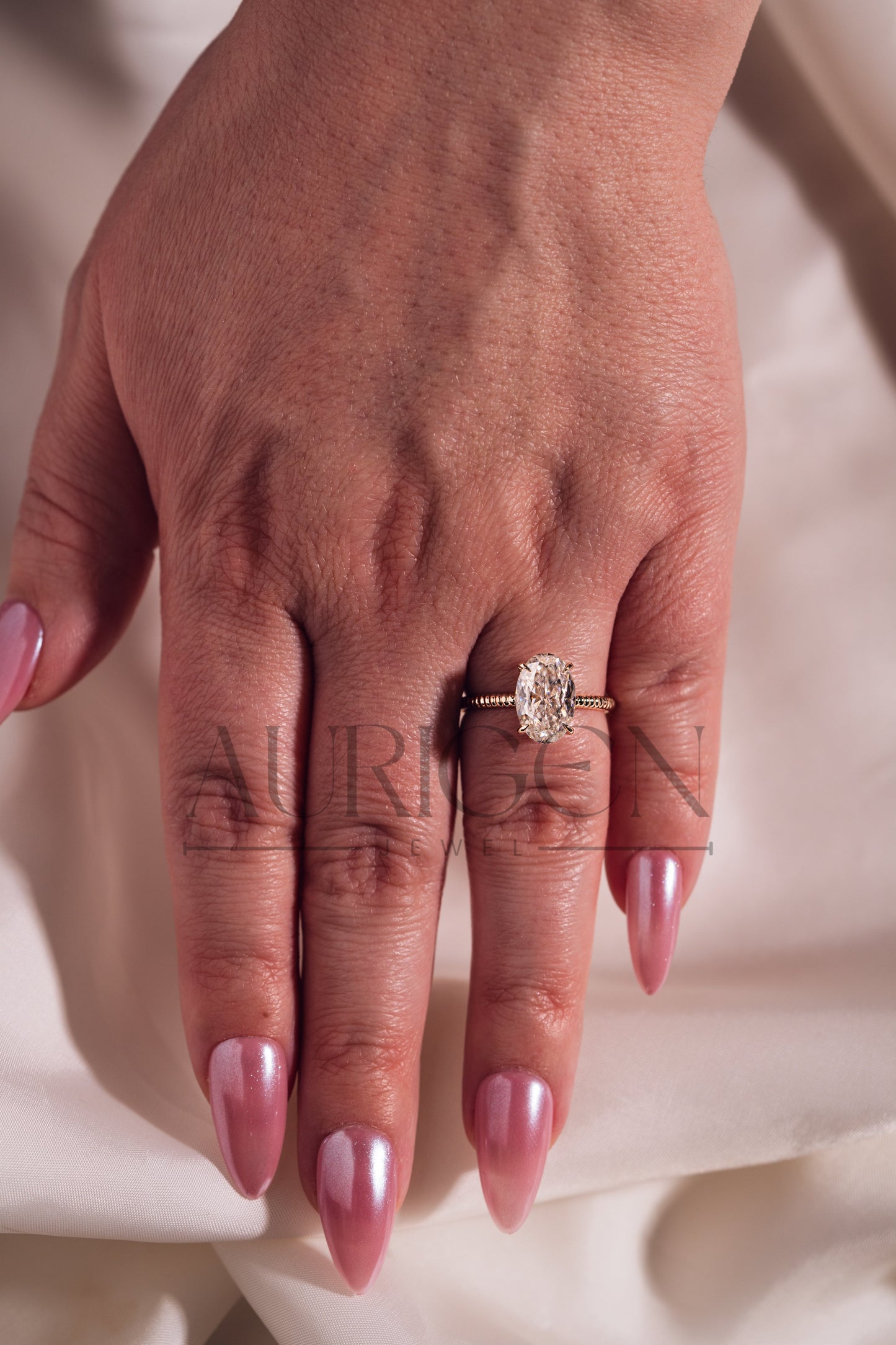 Inspired Crushed Ice Oval Cut Moissanite and Lab Grown Diamond 14K Solid Gold Ring