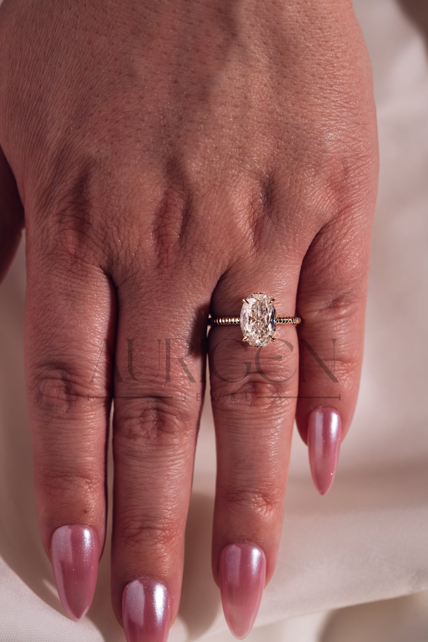 Inspired Crushed Ice Oval Cut Moissanite and Lab Grown Diamond 14K Solid Gold Ring