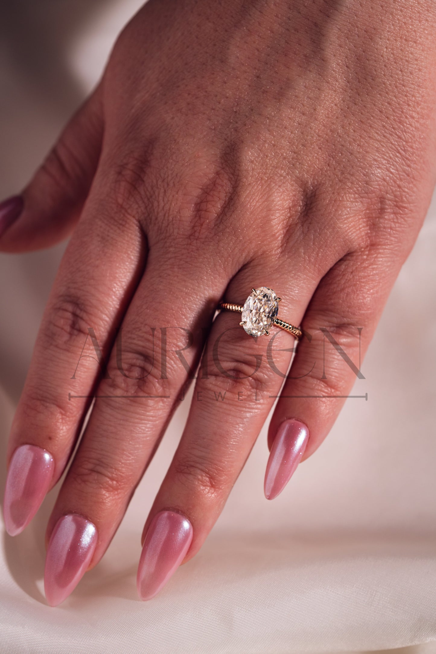 Inspired Crushed Ice Oval Cut Moissanite and Lab Grown Diamond 14K Solid Gold Ring