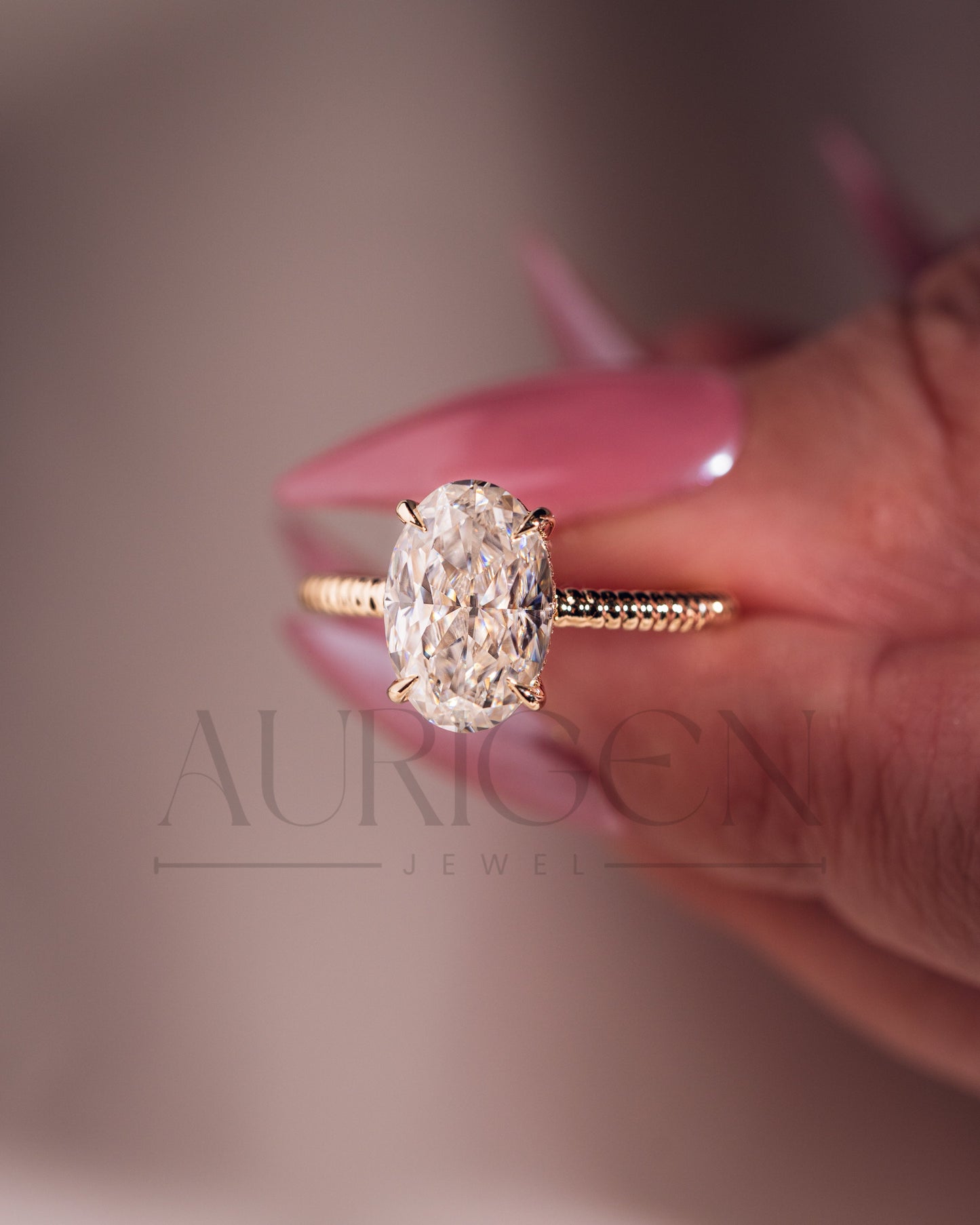 Inspired Crushed Ice Oval Cut Moissanite and Lab Grown Diamond 14K Solid Gold Ring