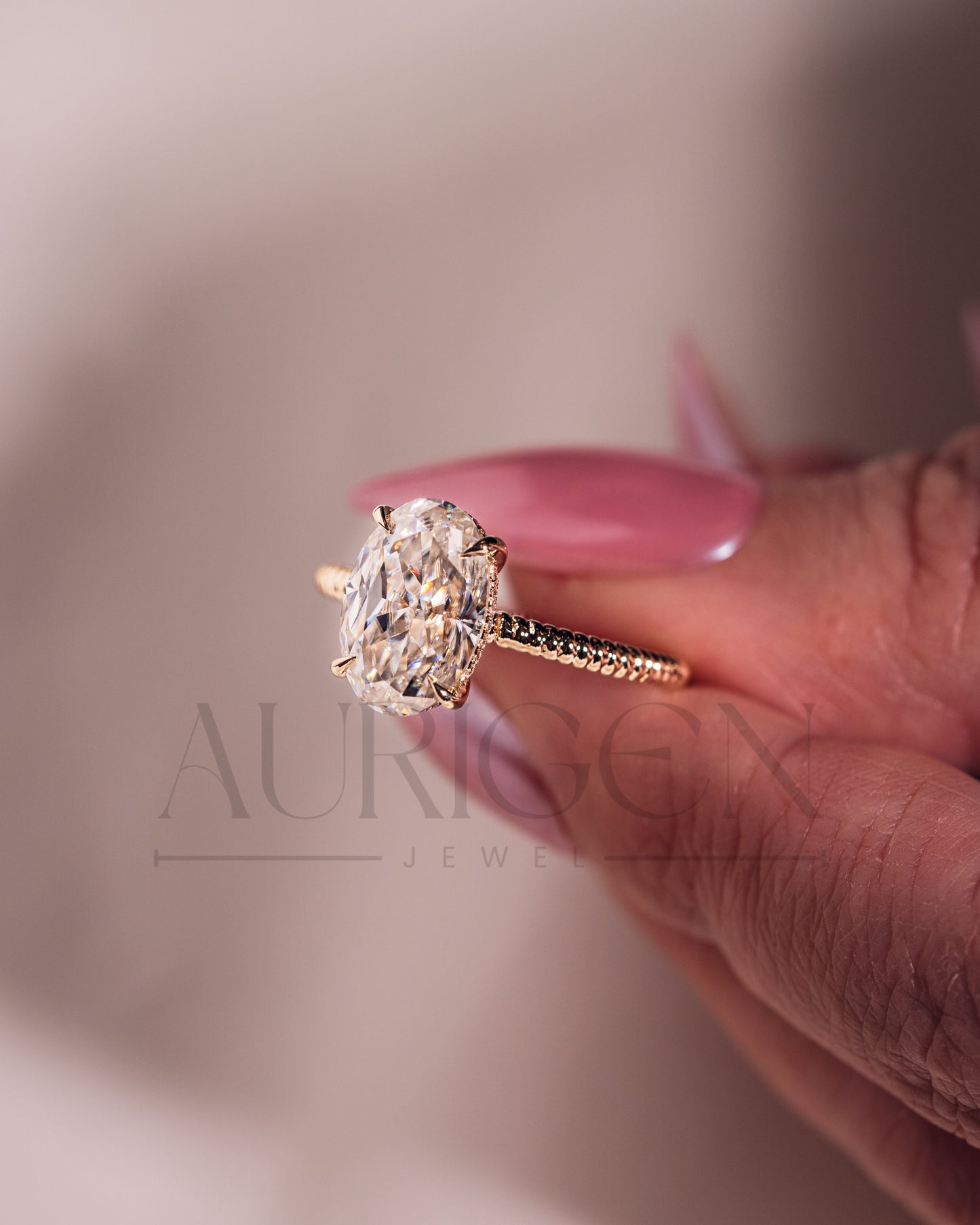 Inspired Crushed Ice Oval Cut Moissanite and Lab Grown Diamond 14K Solid Gold Ring