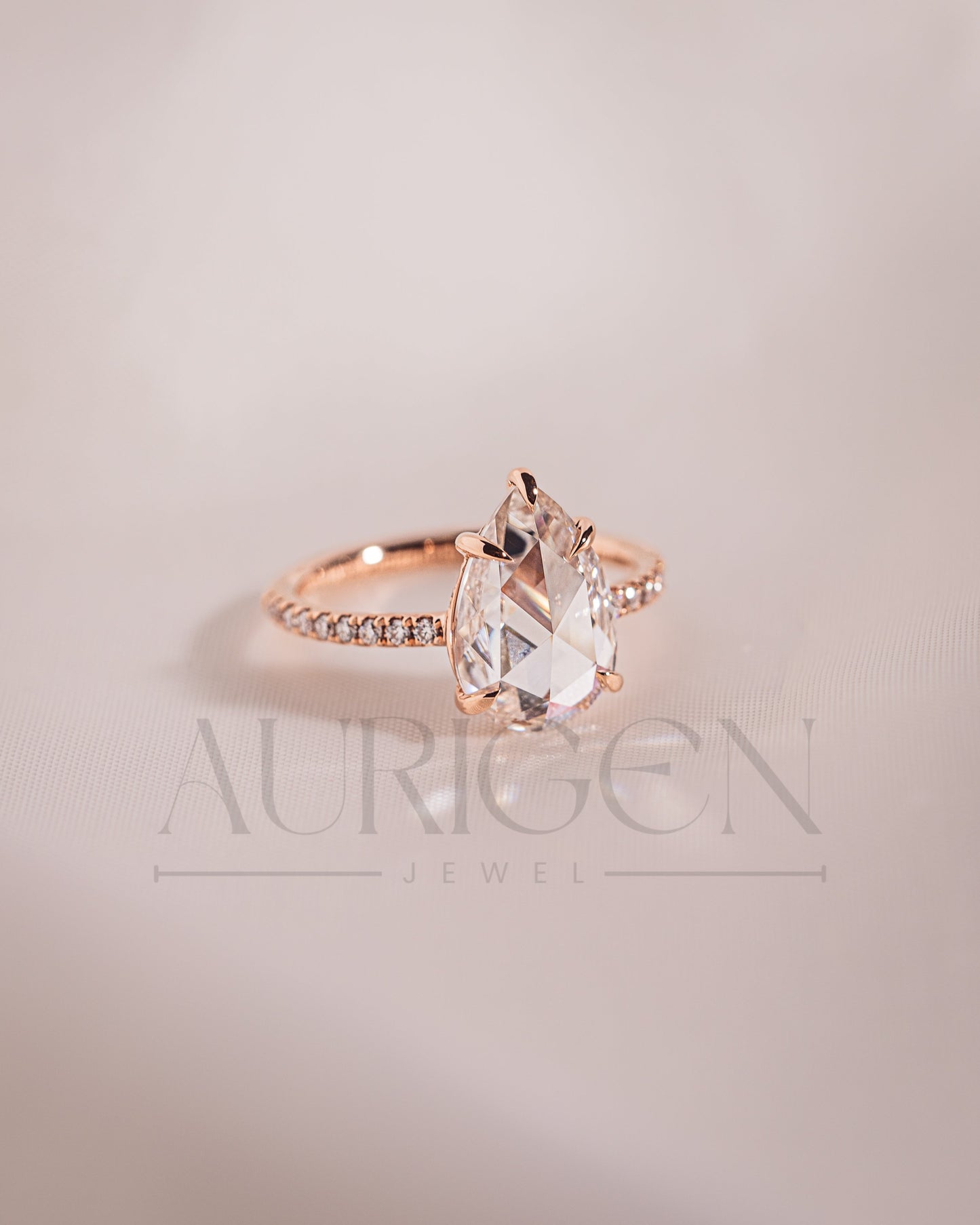 Rose Cut Pear Moissanite and Lab Grown Diamond Engagement Ring With Pave