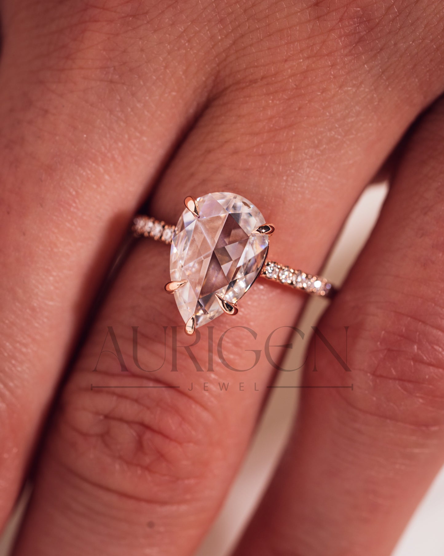 Rose Cut Pear Moissanite and Lab Grown Diamond Engagement Ring With Pave