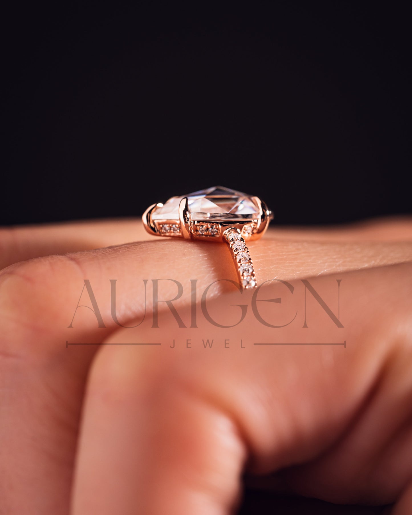 Rose Cut Pear Moissanite and Lab Grown Diamond Engagement Ring With Pave