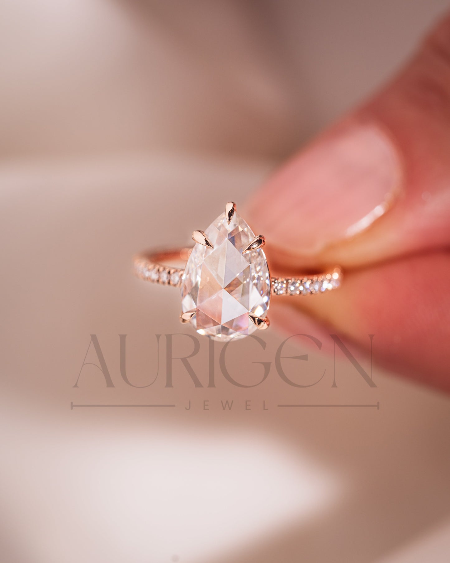 Rose Cut Pear Moissanite and Lab Grown Diamond Engagement Ring With Pave