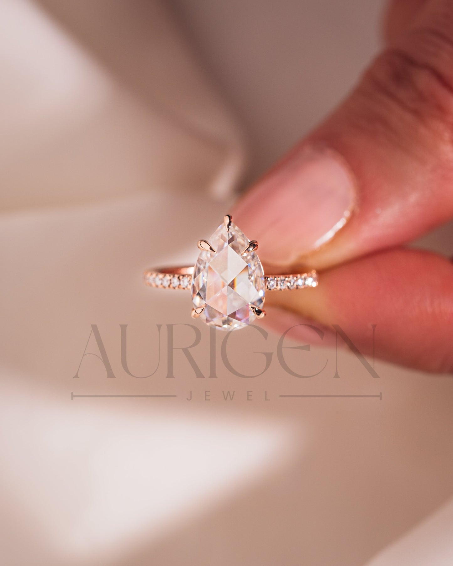 Rose Cut Pear Moissanite and Lab Grown Diamond Engagement Ring With Pave