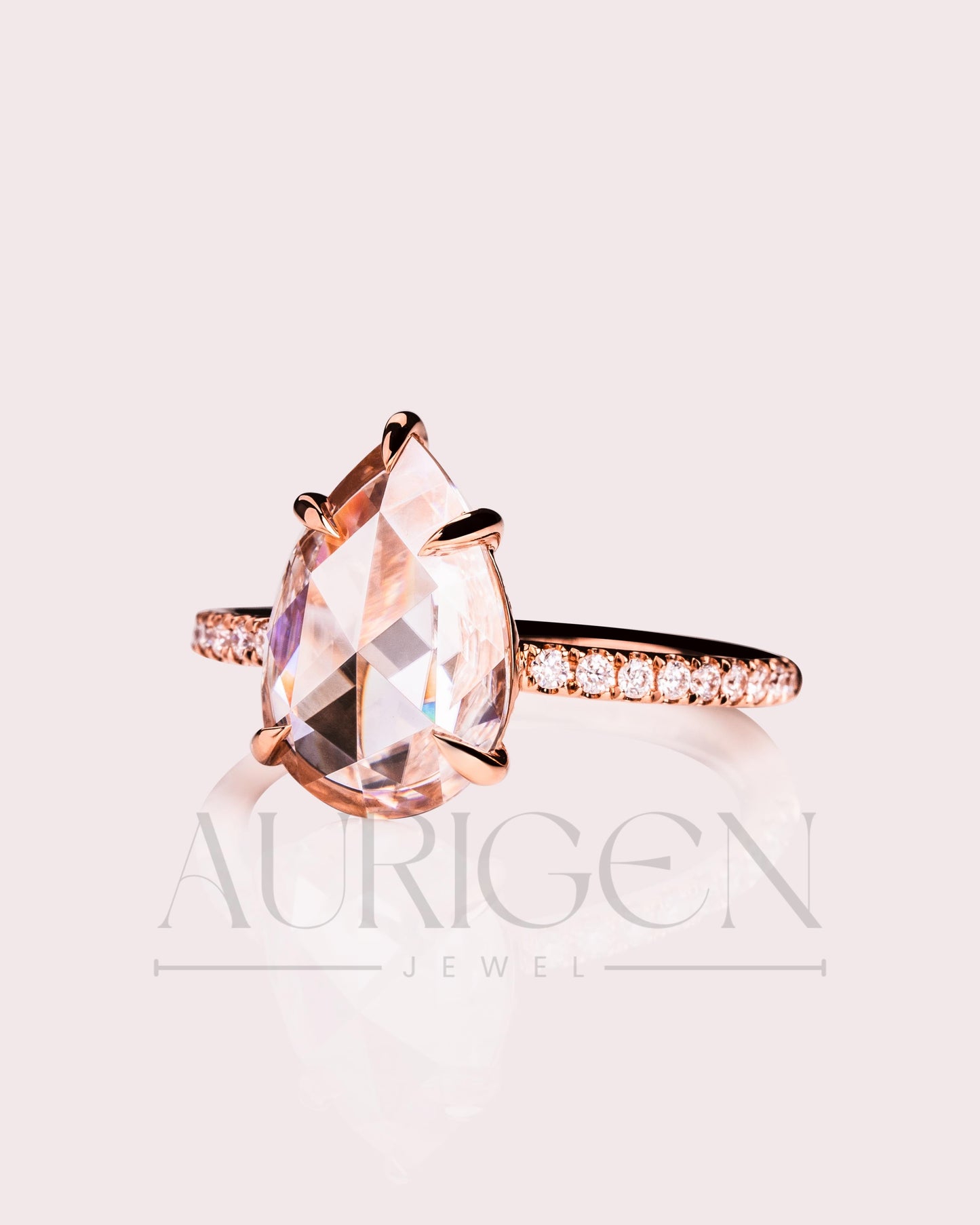 Rose Cut Pear Moissanite and Lab Grown Diamond Engagement Ring With Pave