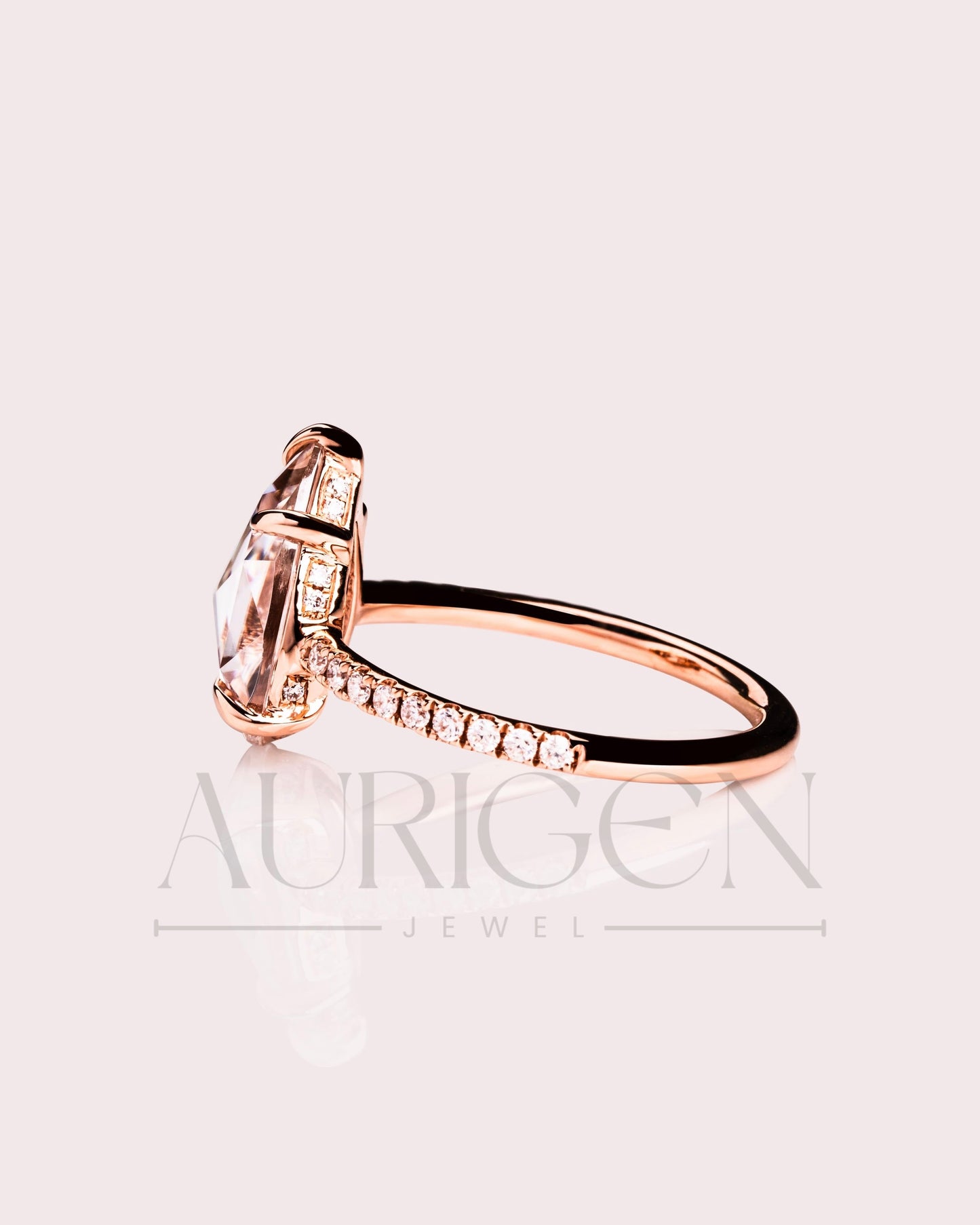 Rose Cut Pear Moissanite and Lab Grown Diamond Engagement Ring With Pave