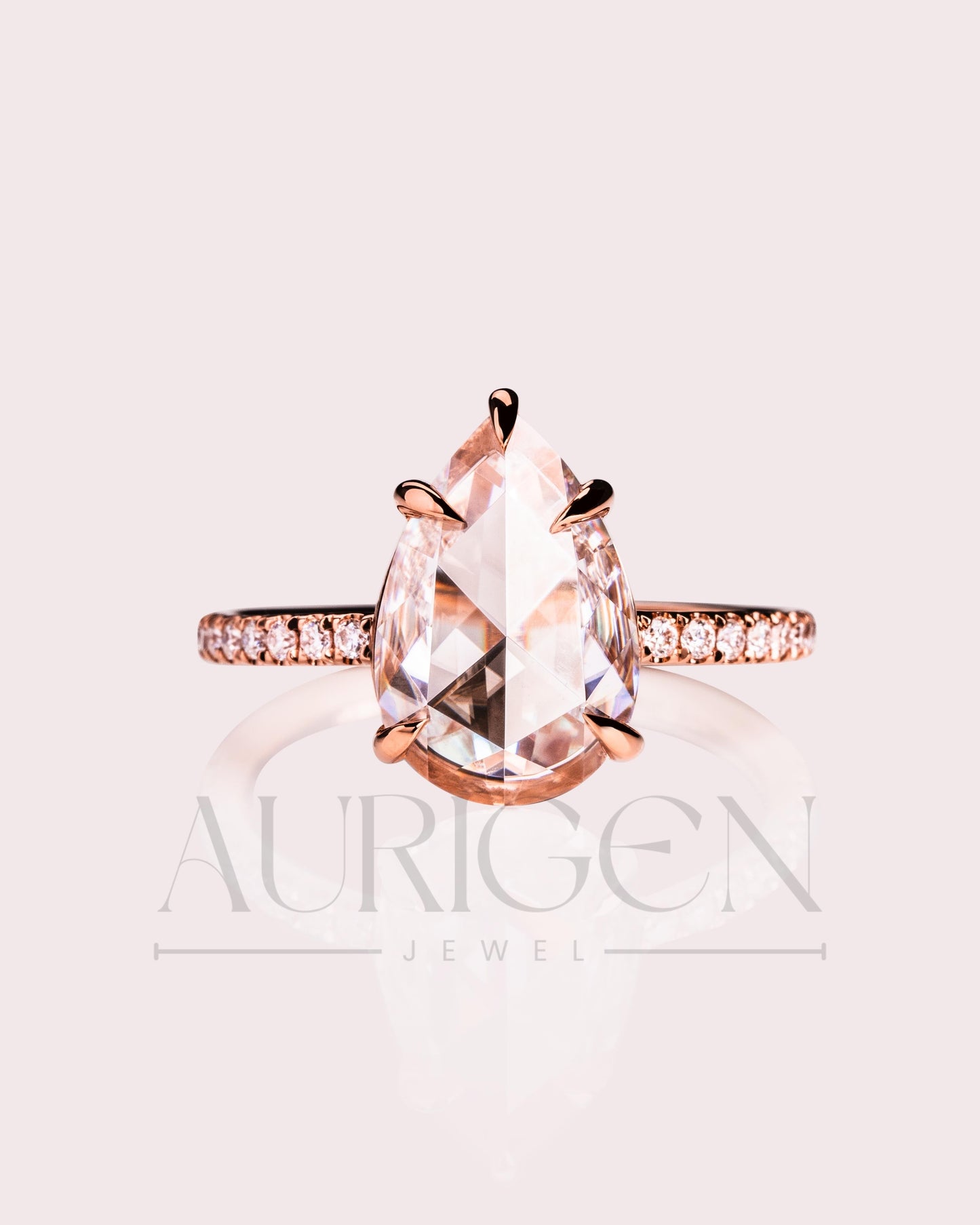 Rose Cut Pear Moissanite and Lab Grown Diamond Engagement Ring With Pave