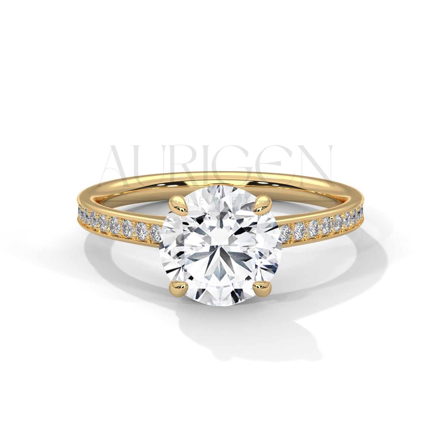 Round Brilliant Cut Diamond Engagement Ring in 14K Solid Gold with Pave Band – 4 Prong Setting