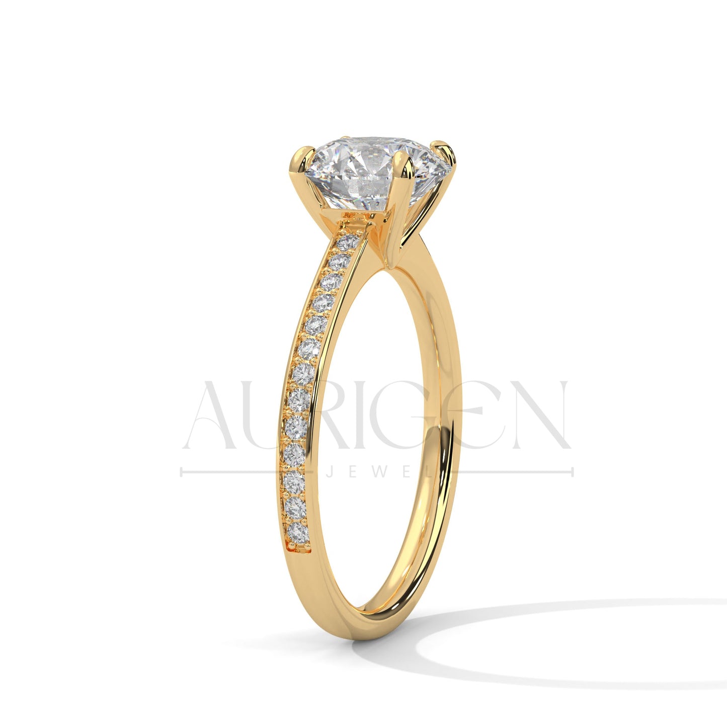 Round Brilliant Cut Diamond Engagement Ring in 14K Solid Gold with Pave Band – 4 Prong Setting