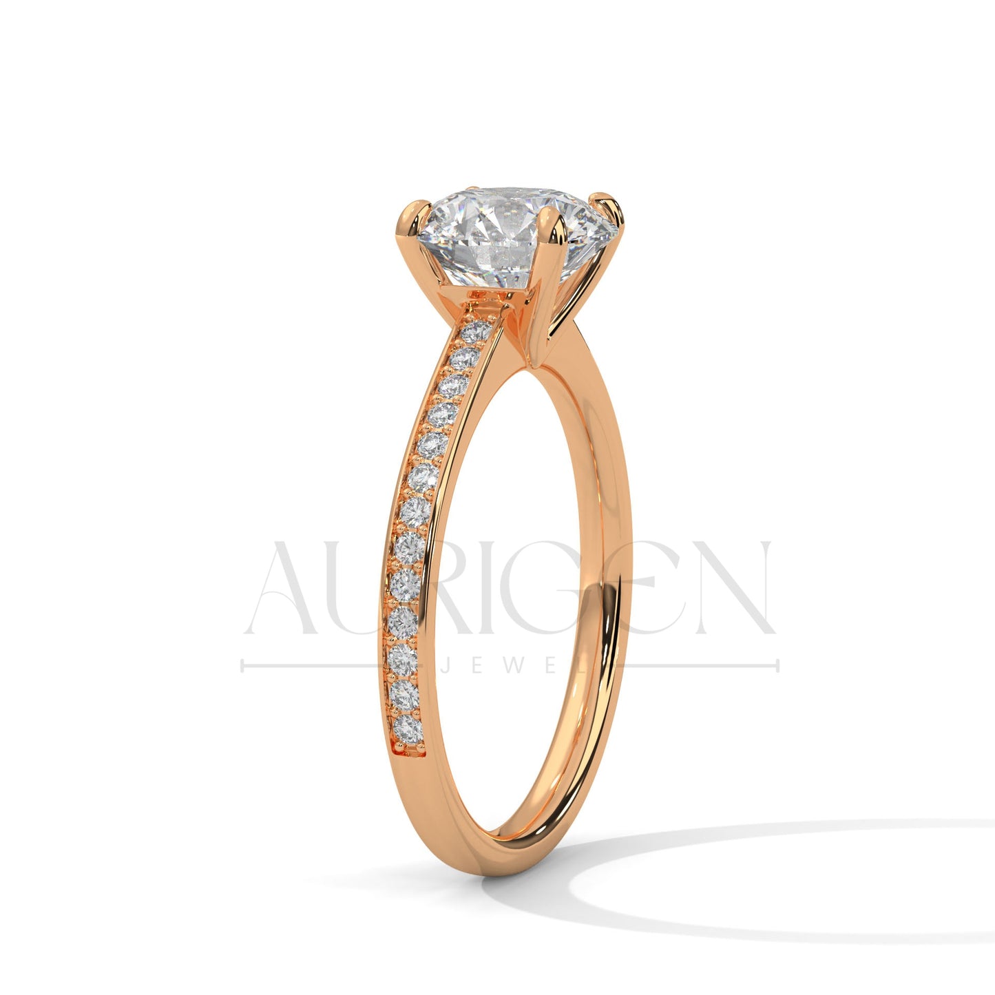 Round Brilliant Cut Diamond Engagement Ring in 14K Solid Gold with Pave Band – 4 Prong Setting