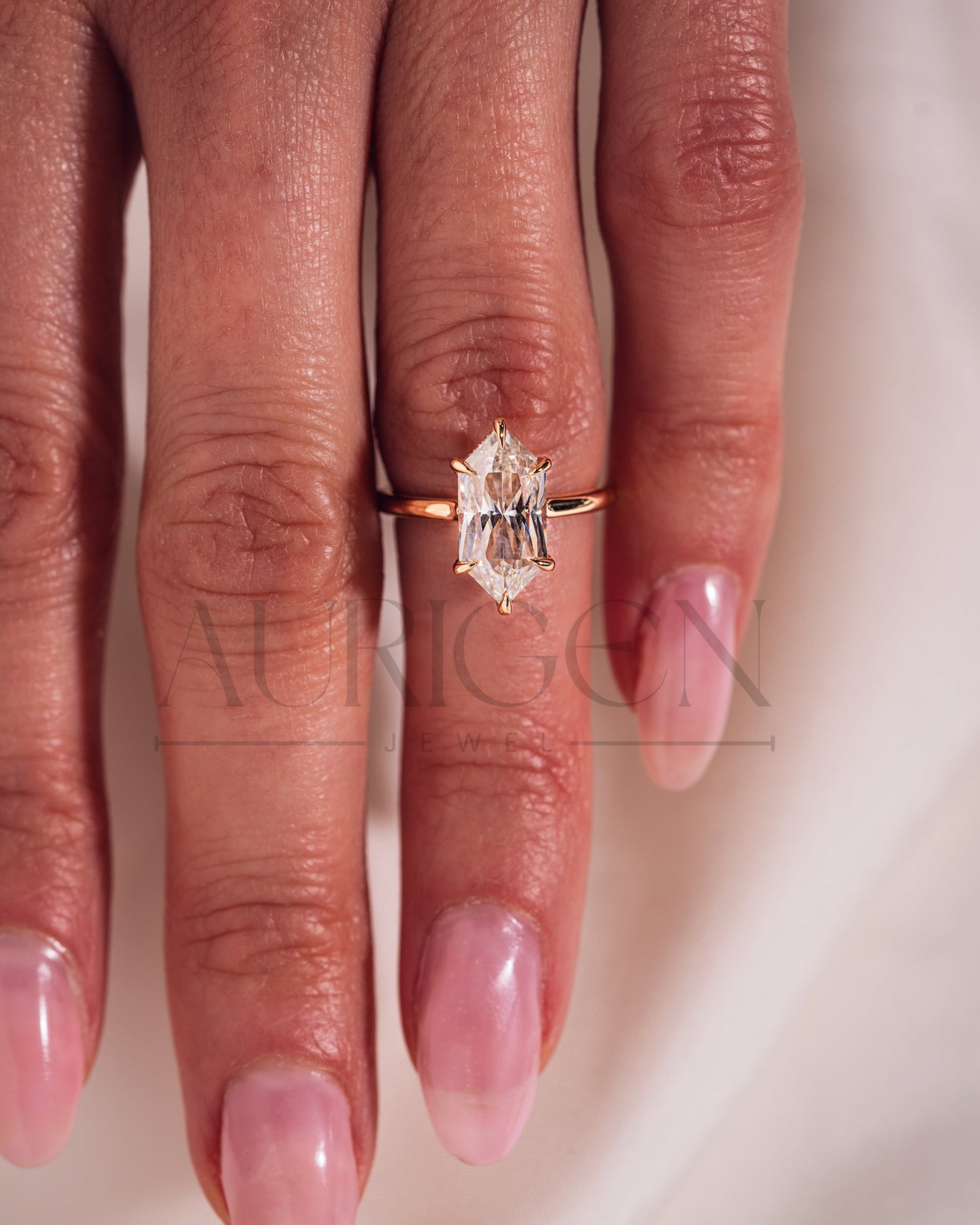 6-Prong Set Elongated Hexagon Moissanite & Leb Engagement Ring Hidden Halo 18K Rose Gold