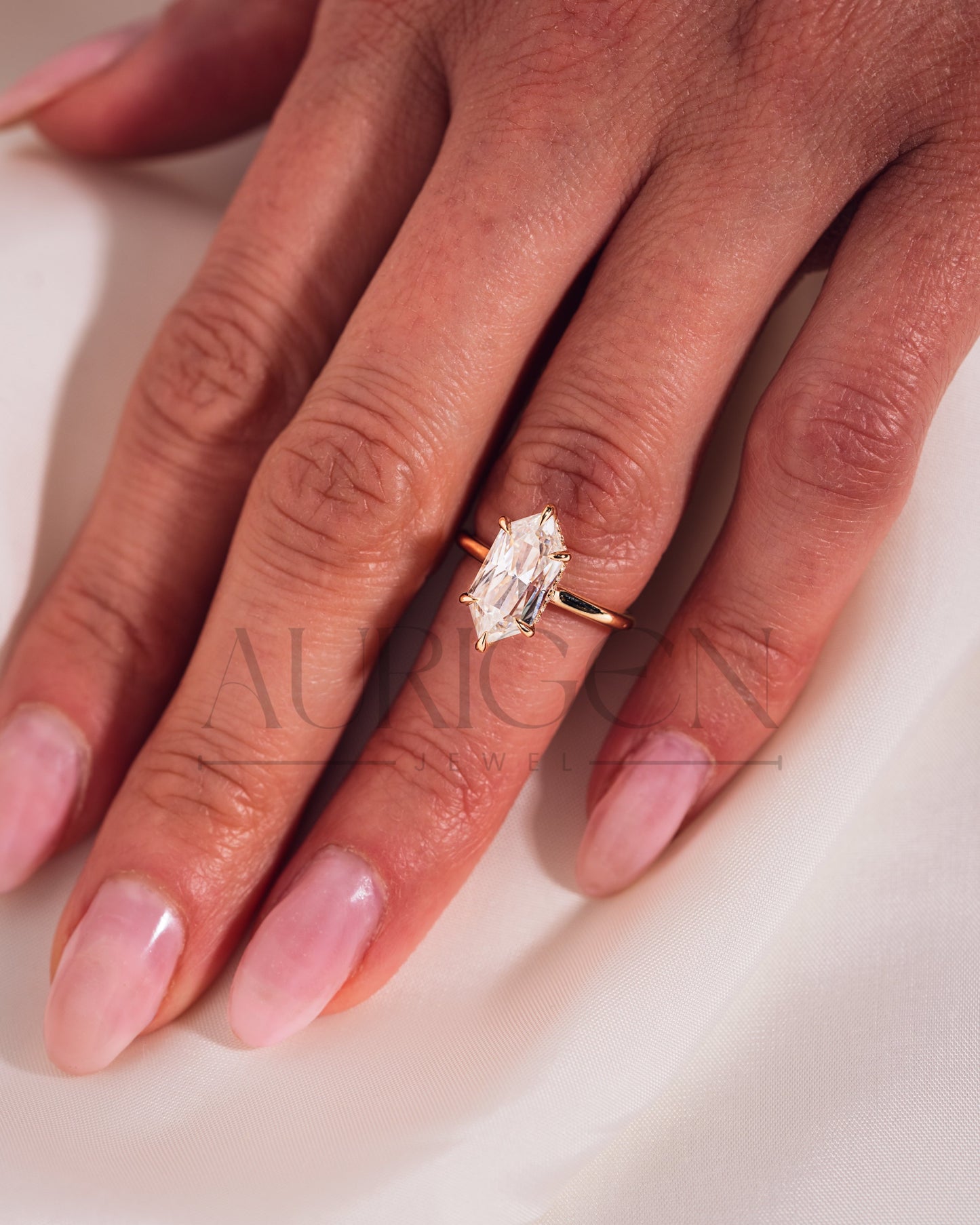 6-Prong Set Elongated Hexagon Moissanite & Leb Engagement Ring Hidden Halo 18K Rose Gold