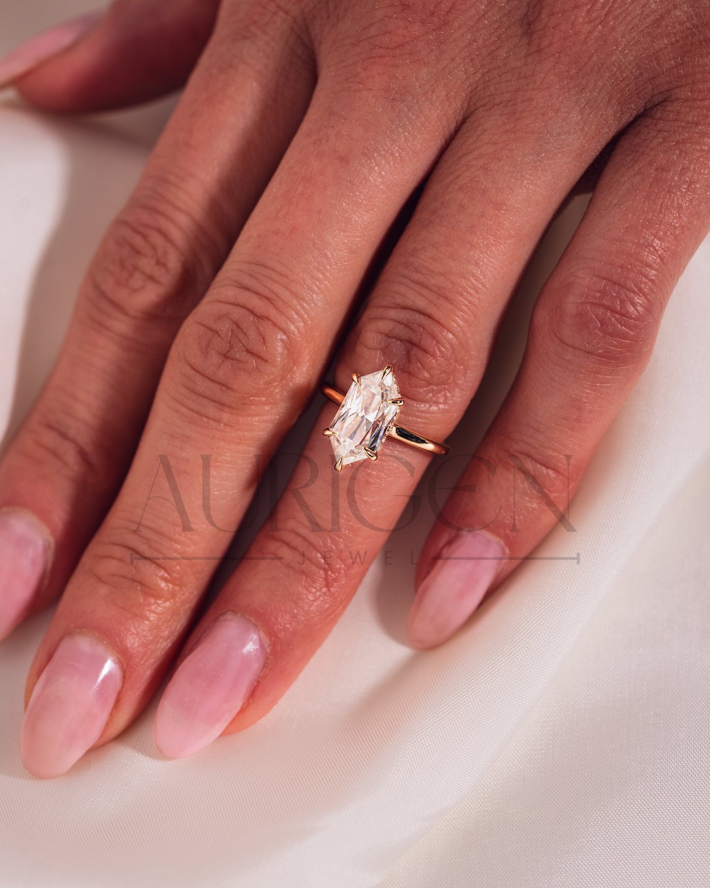 6-Prong Set Elongated Hexagon Moissanite & Leb Engagement Ring Hidden Halo 18K Rose Gold