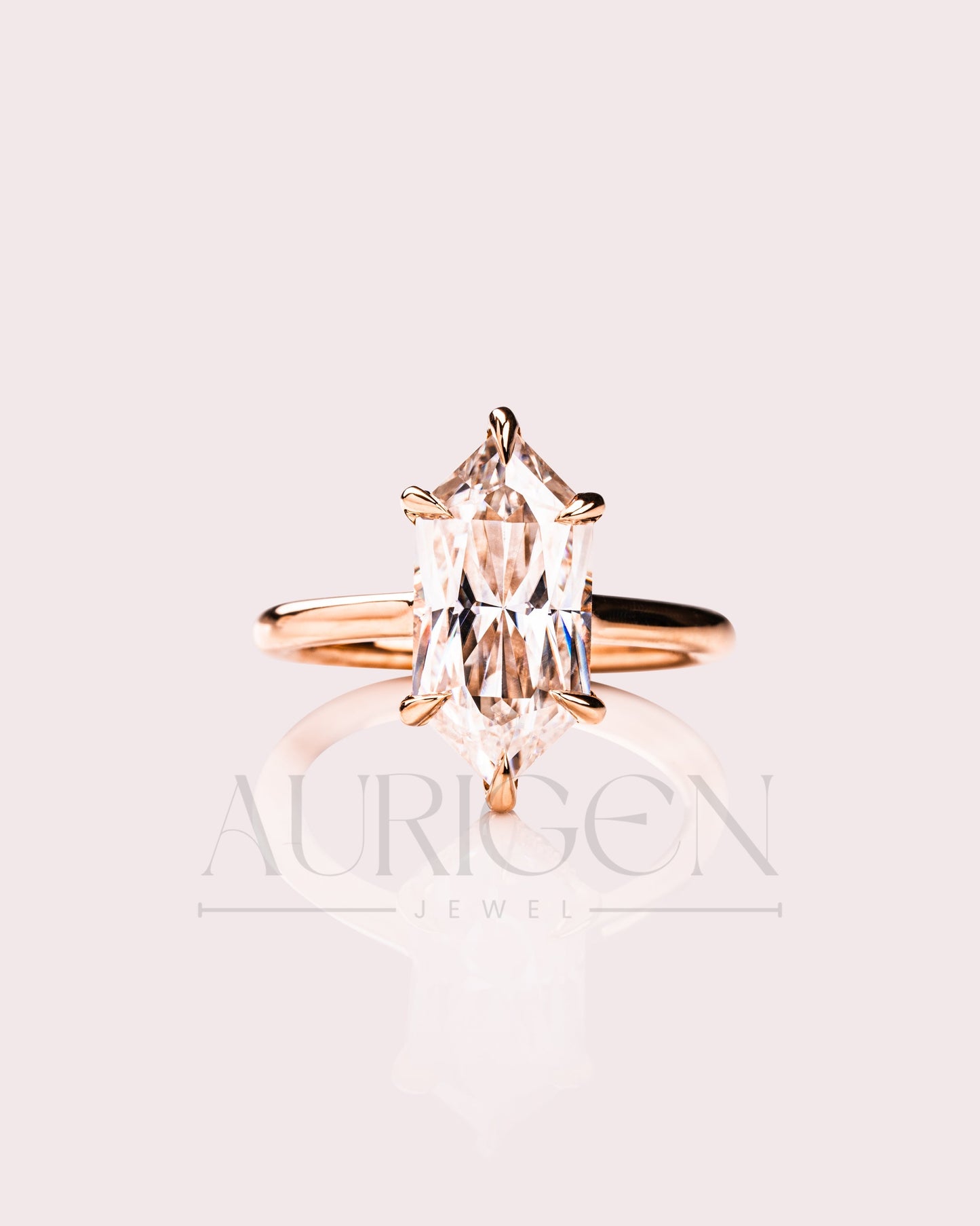 6-Prong Set Elongated Hexagon Moissanite & Leb Engagement Ring Hidden Halo 18K Rose Gold